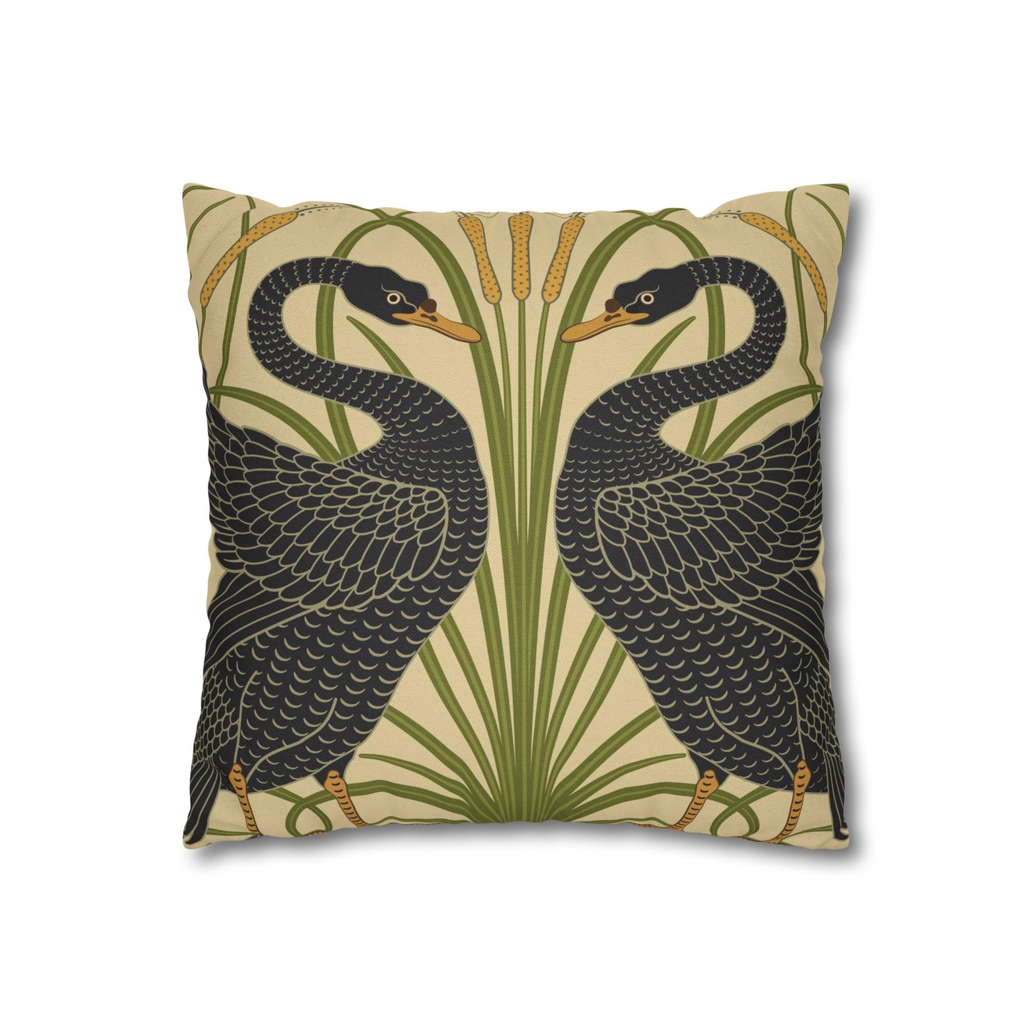 Decorative pillow with black bird design on a beige background