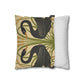 Decorative pillow with swan design on one side and striped pattern on the other, on a white background.