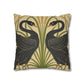 Decorative pillow with black bird design on a beige background
