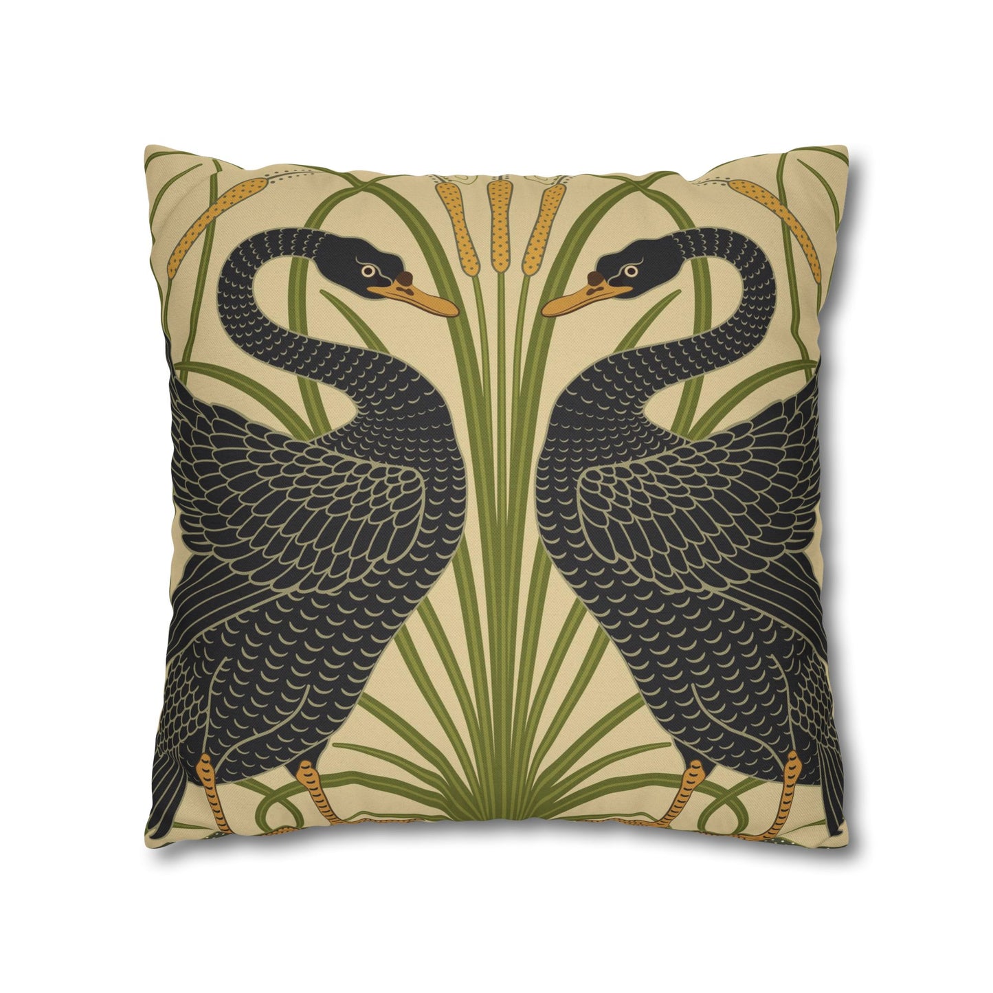 Decorative pillow with black bird design on a beige background