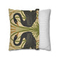 Decorative pillow with black swan design and a striped pillow on a white background