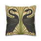 Decorative pillow with two black birds and green plants on a beige background
