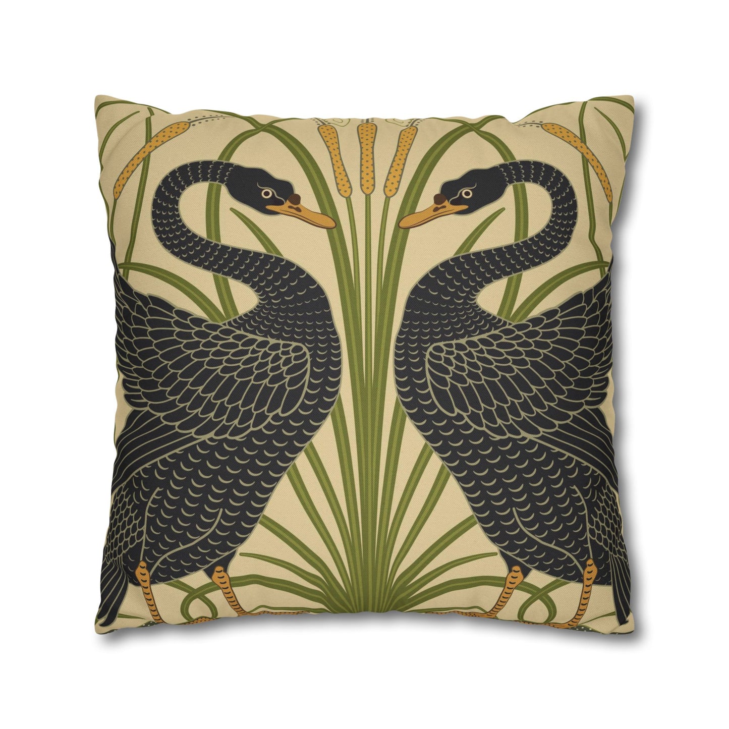 Decorative pillow with two black birds and green plants on a beige background