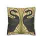 Decorative pillow with black bird design on a beige background