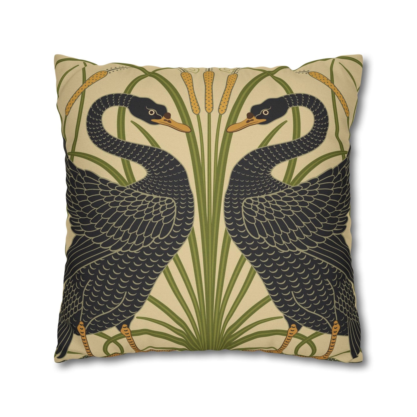 Decorative pillow with black swan design on a beige background