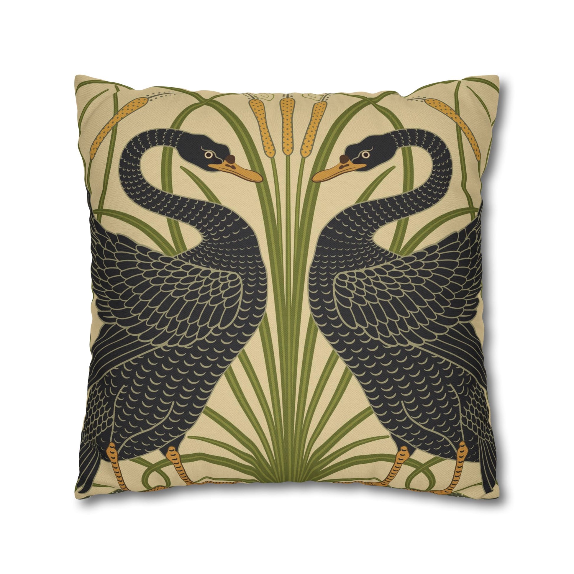 Decorative pillow with black swan design on a beige background