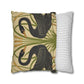 Decorative pillow with snake and leaf pattern next to a striped pillow on a white background