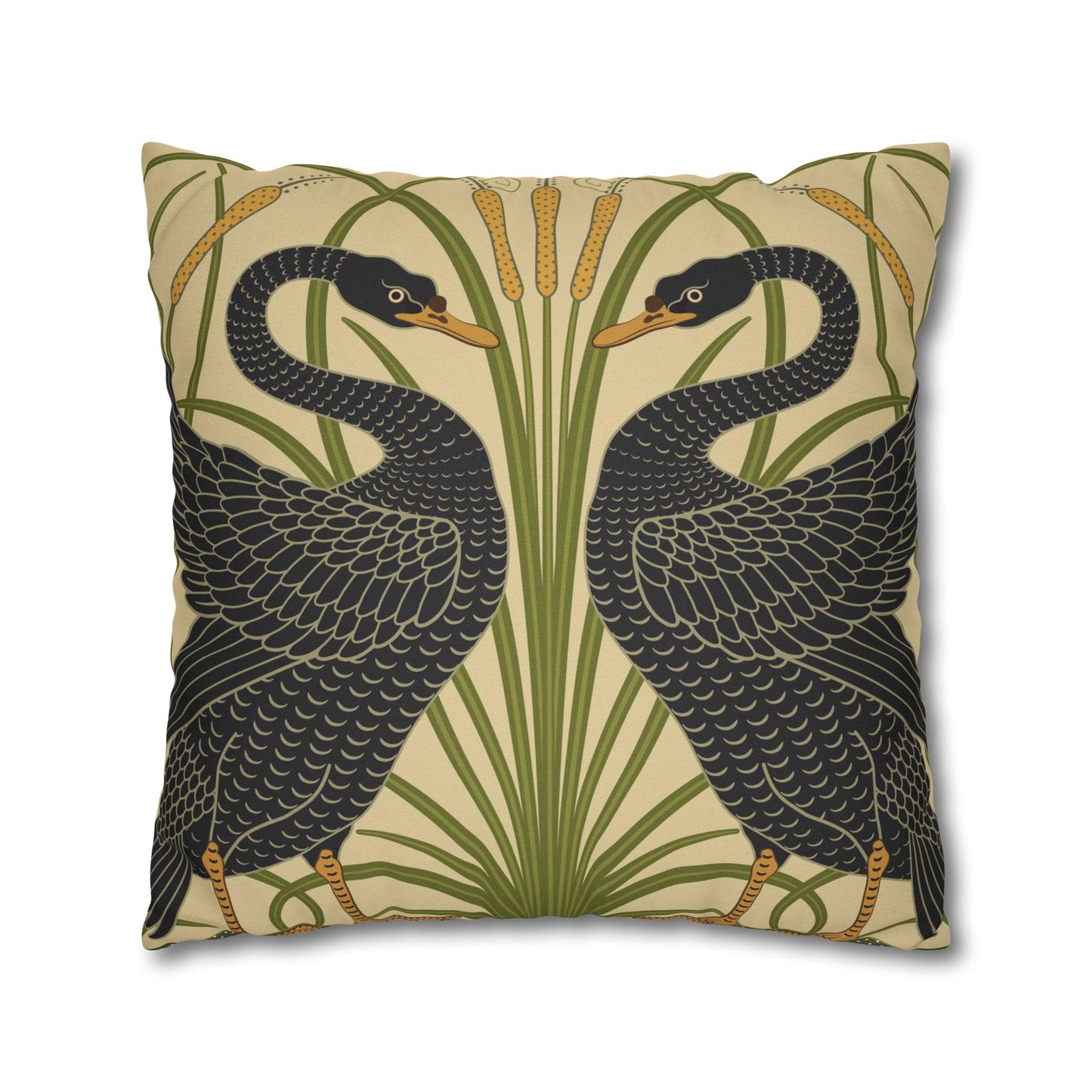 Decorative pillow with black swan design on a beige background