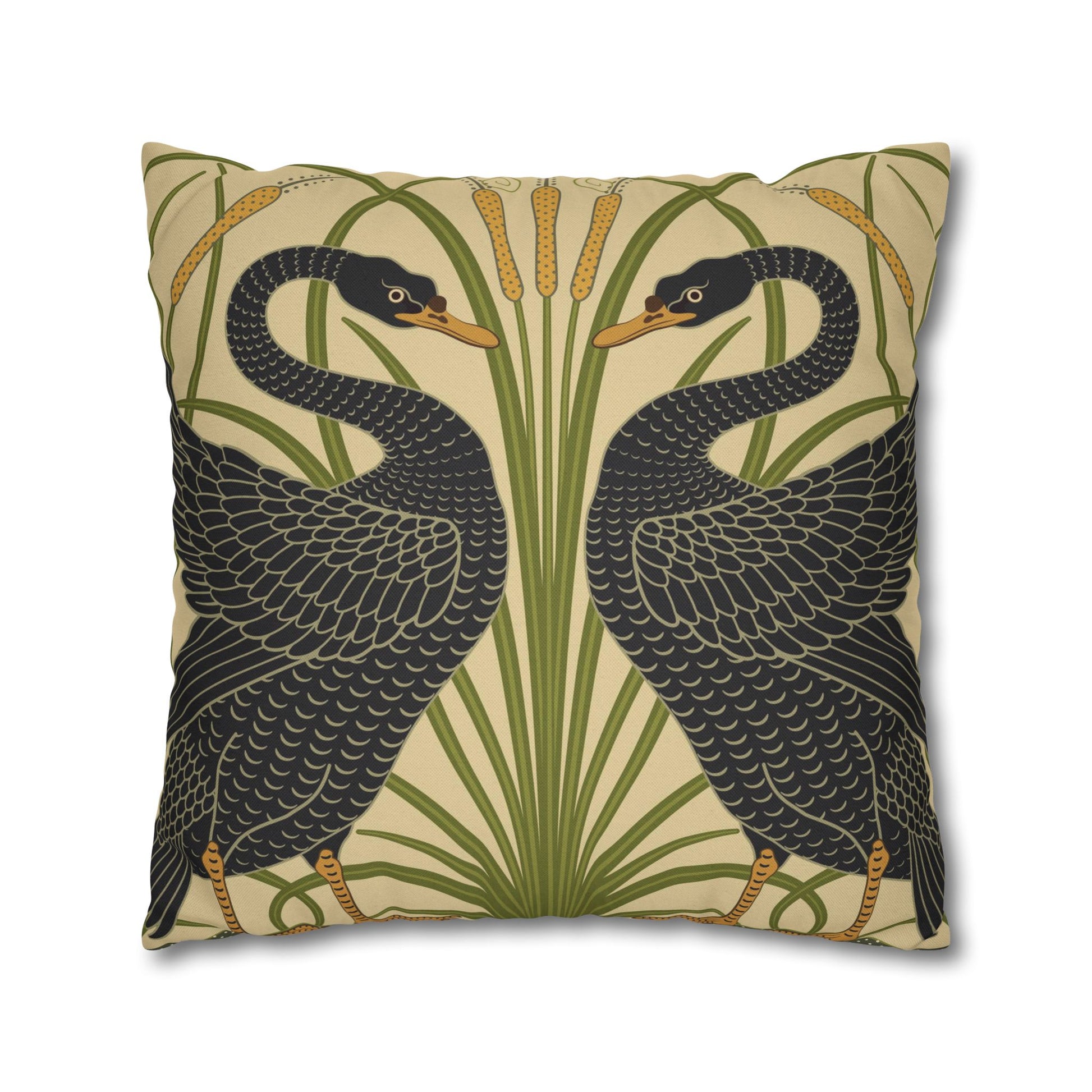 Decorative pillow with black swan design on a beige background