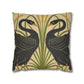 Decorative pillow with black swan design on a beige background