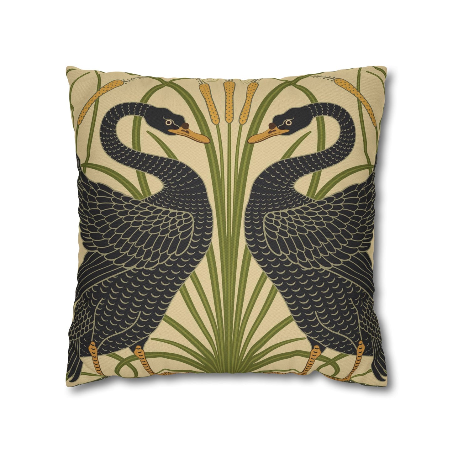 Decorative pillow with black swan design on a beige background