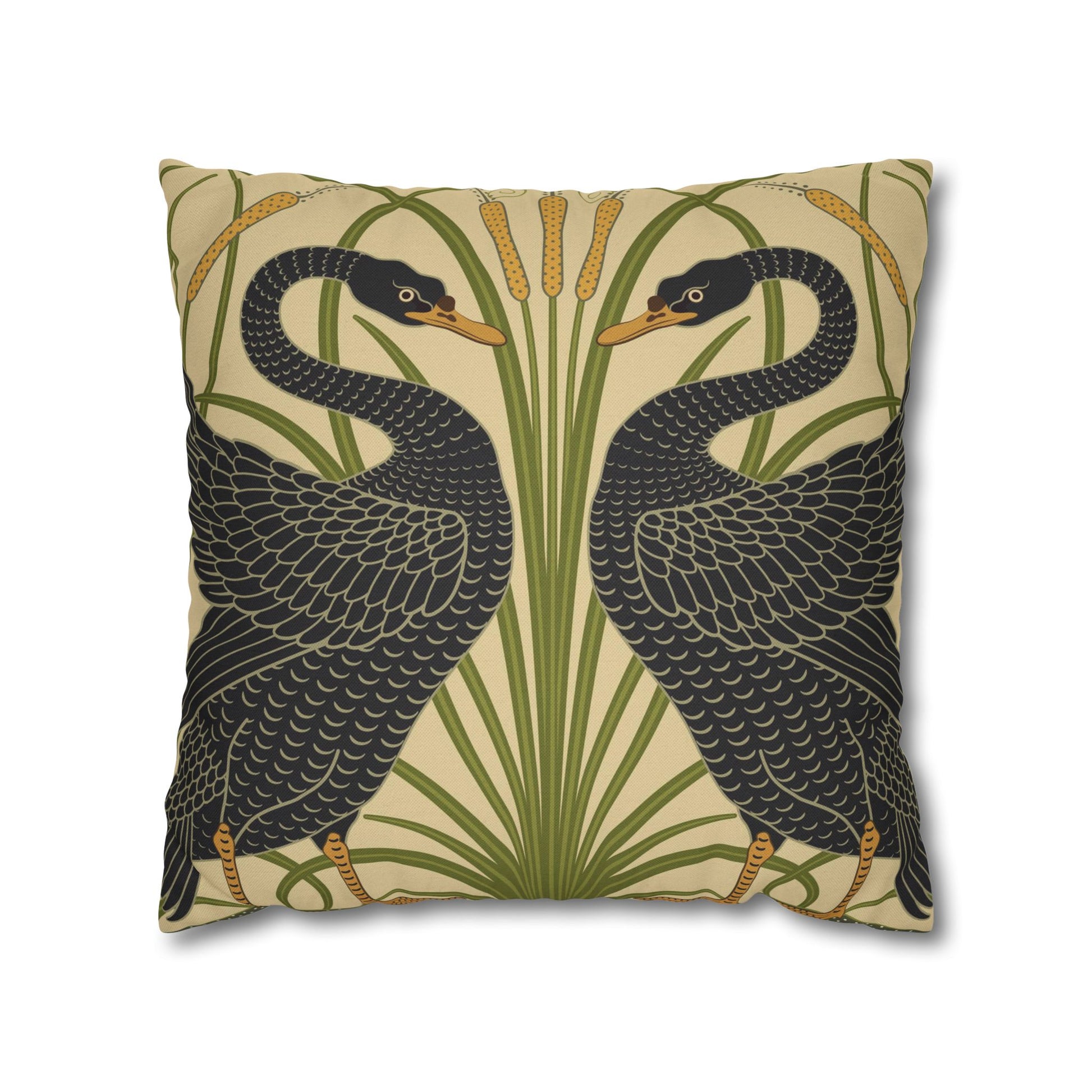 Decorative pillow with black swan design on a beige background