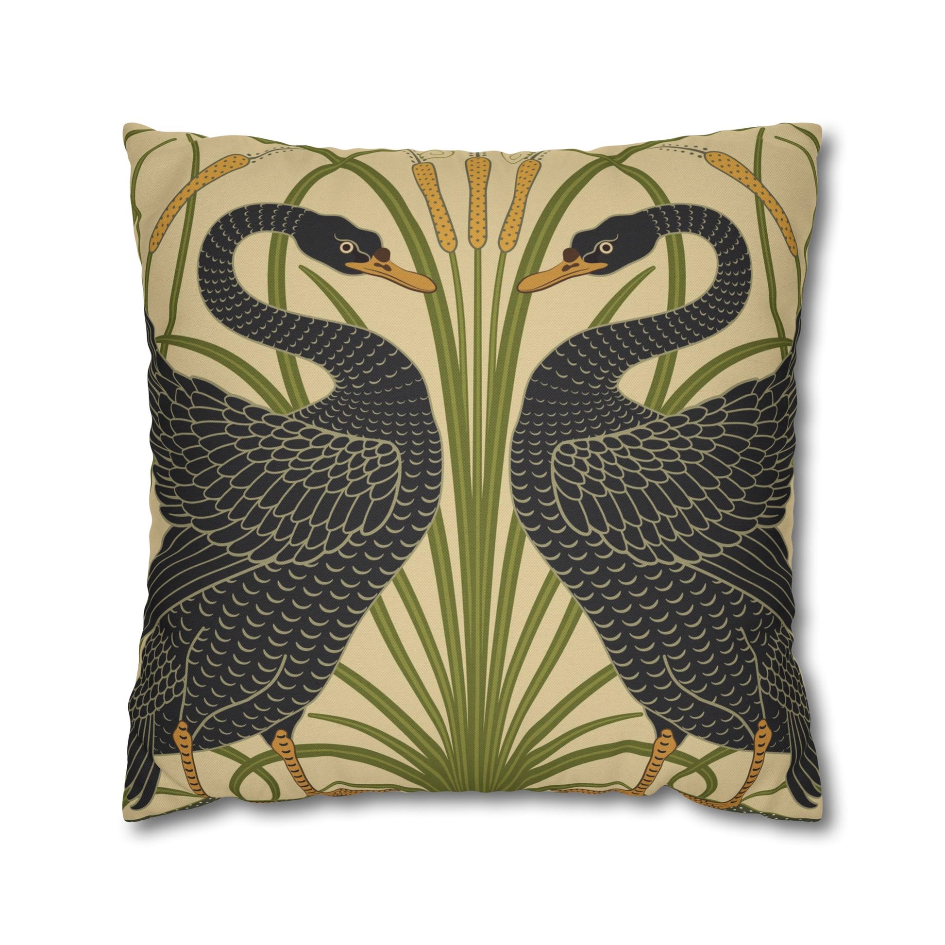 Decorative pillow with black swan design on a beige background
