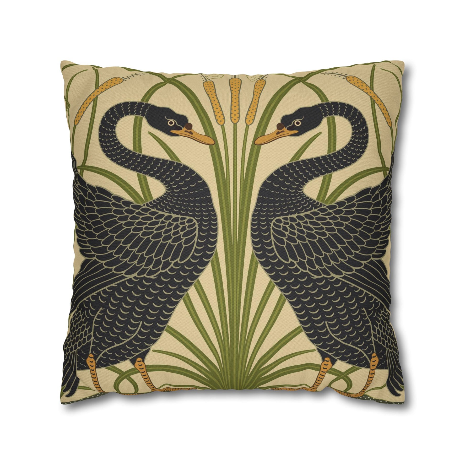 Decorative pillow with black swan design on a beige background