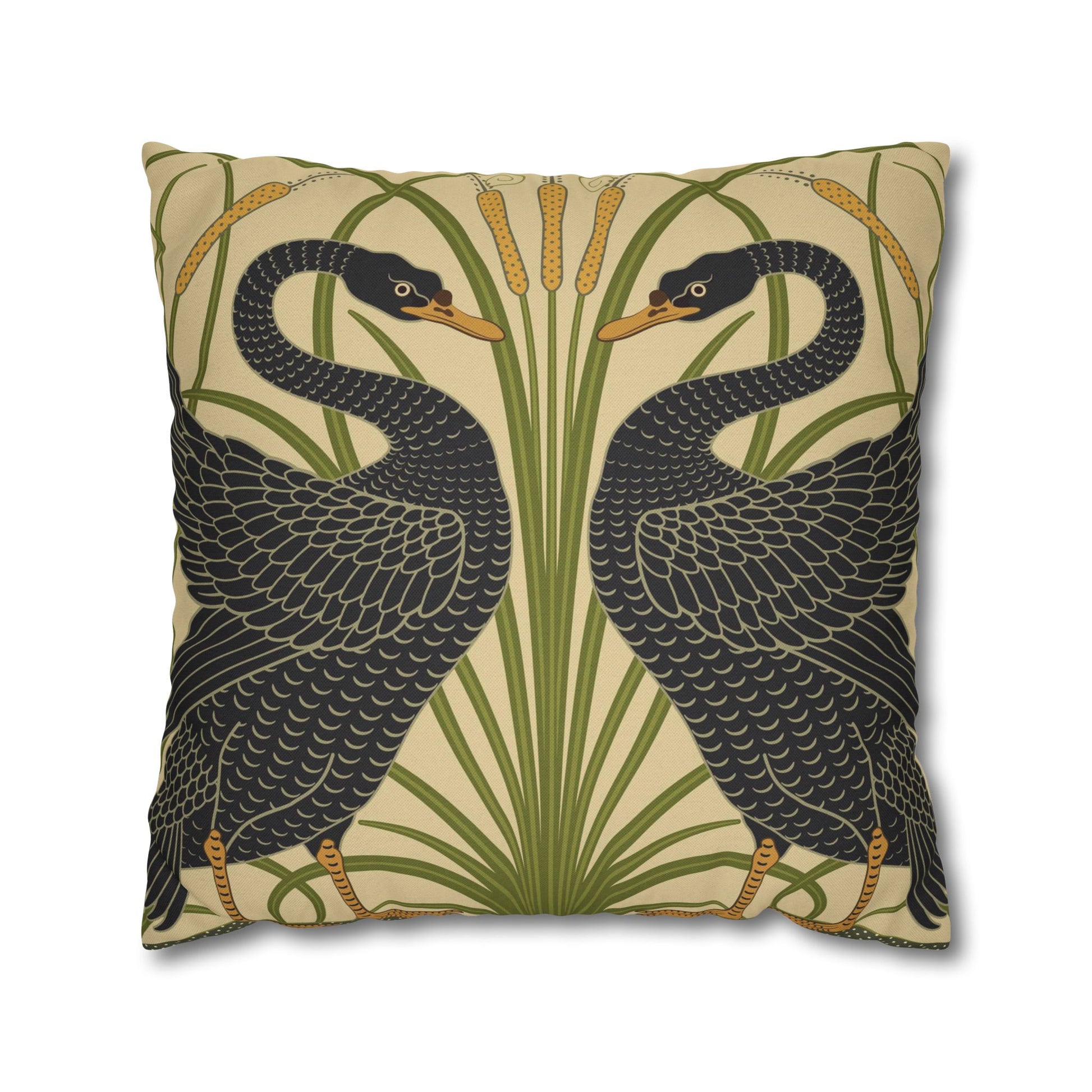 Decorative pillow with black swan design on a beige background