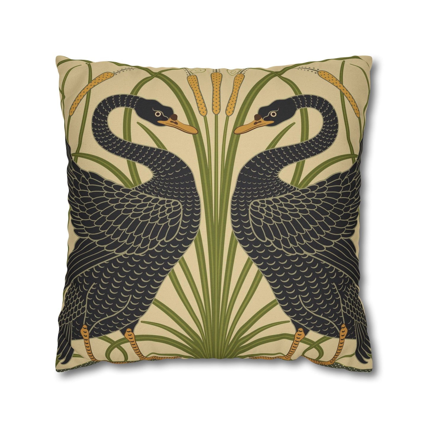 Decorative pillow with black swan design on a beige background