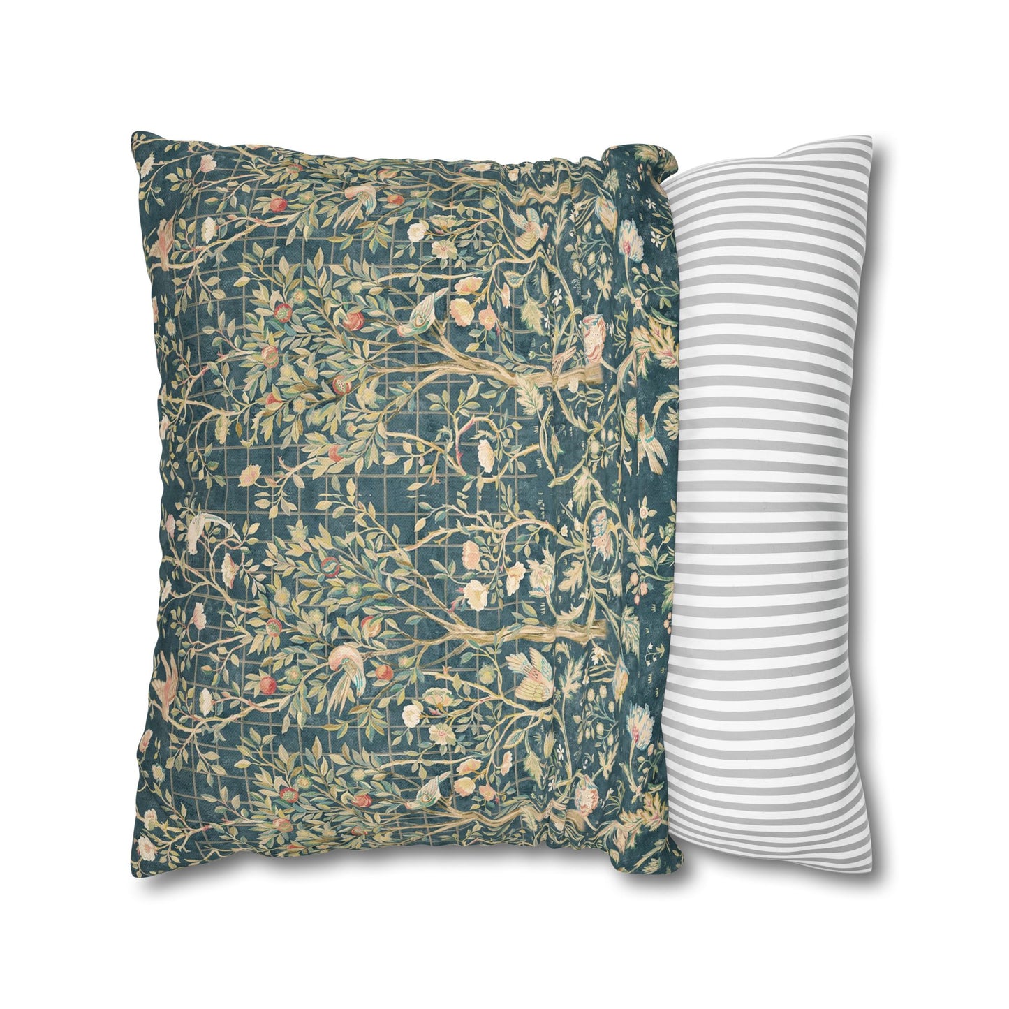 Two pillows, one with a floral pattern and the other with a striped pattern, on a white background.
