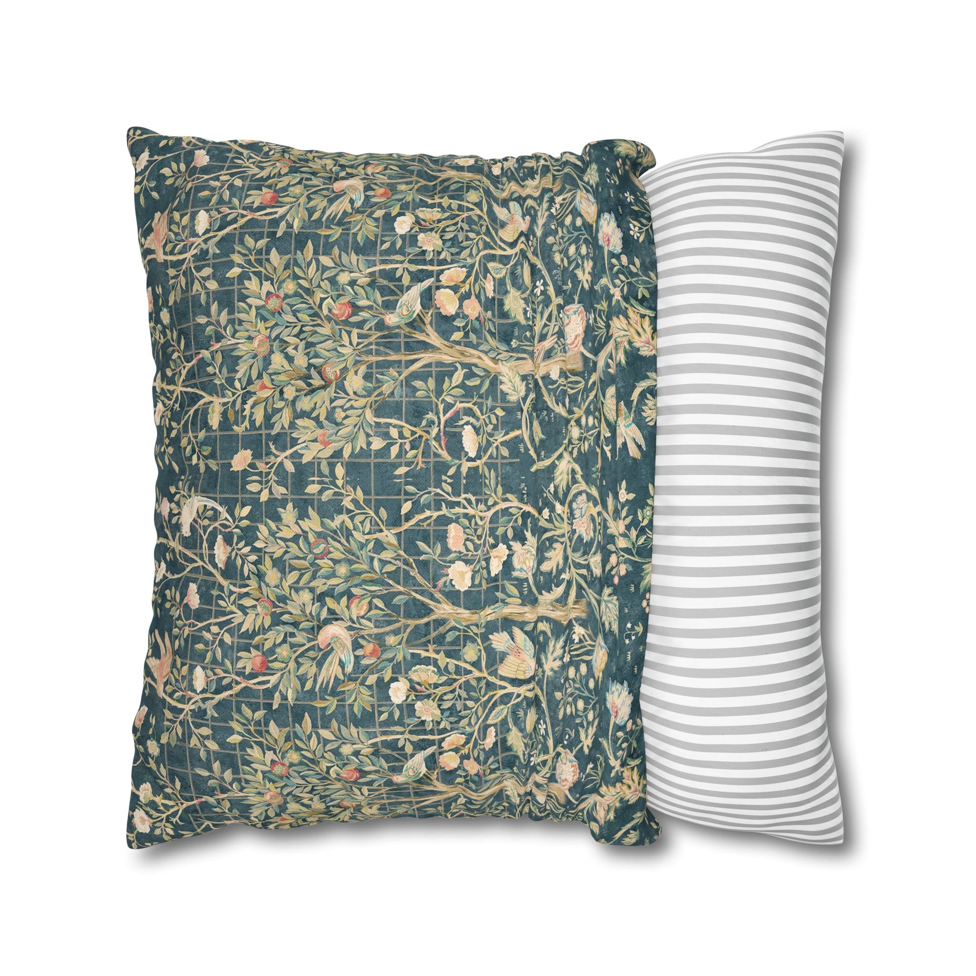Two pillows, one with a floral pattern and the other with a striped pattern, on a white background.