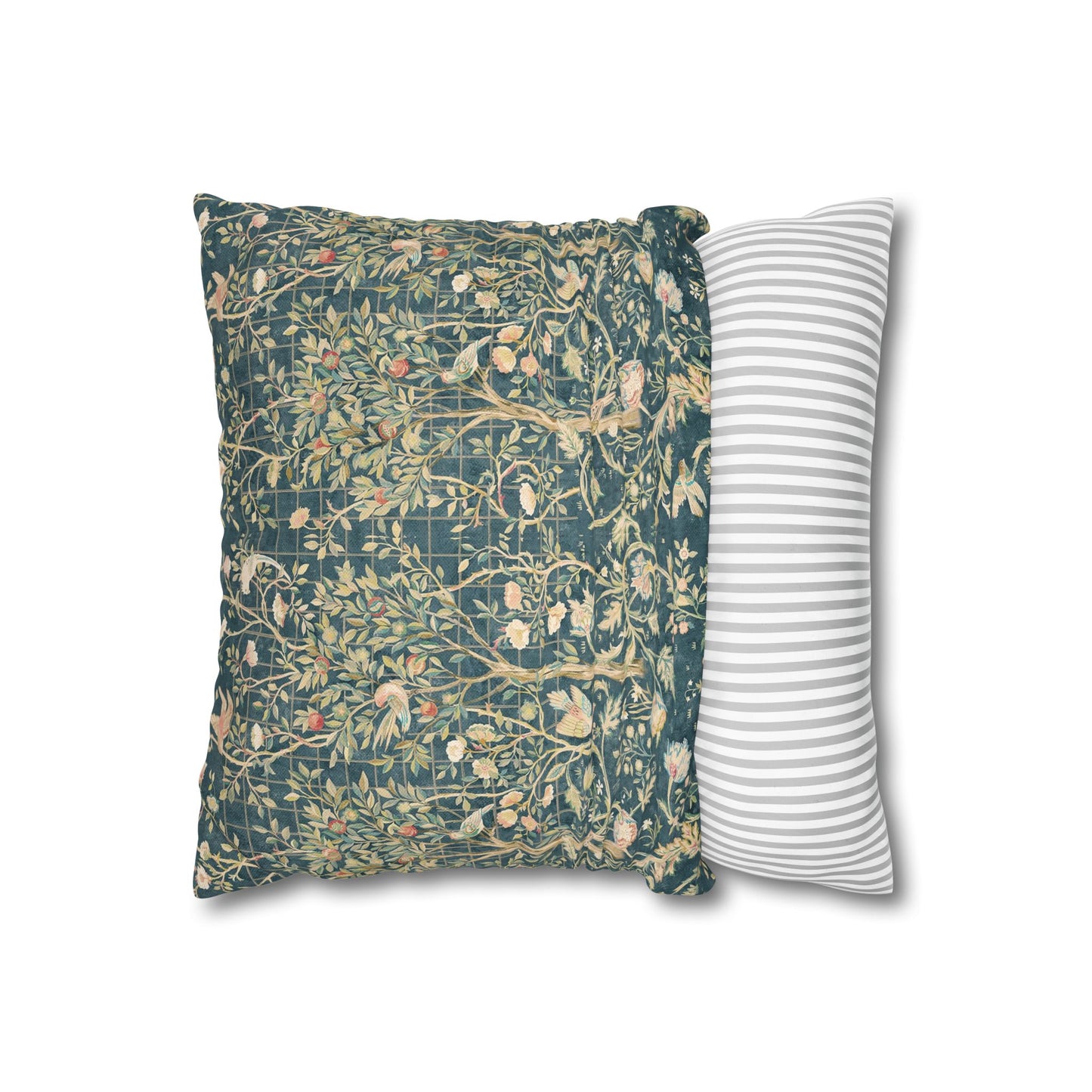 Two pillows, one with floral pattern and one with striped pattern, on a white background.