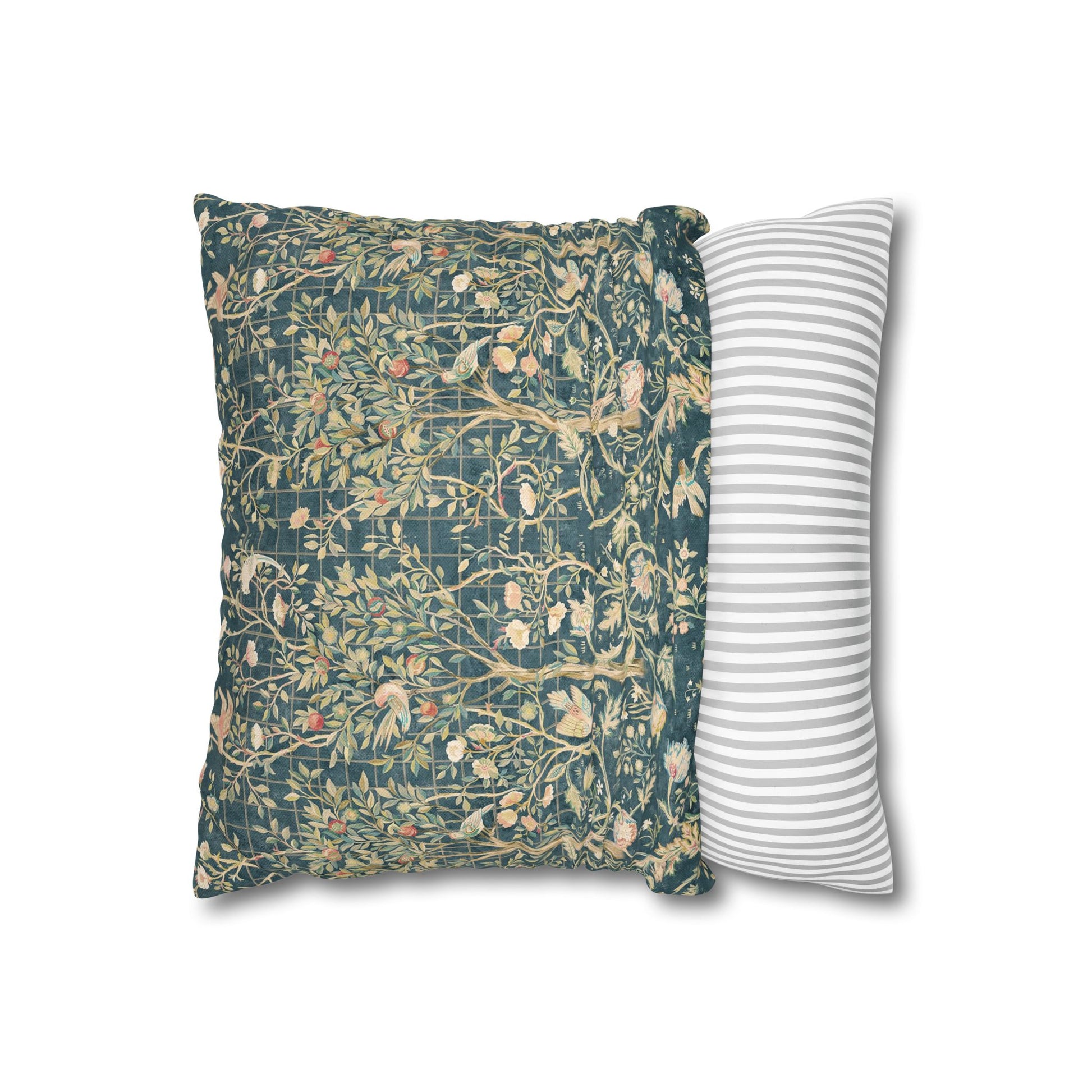 Two pillows, one with floral pattern and one with striped pattern, on a white background.