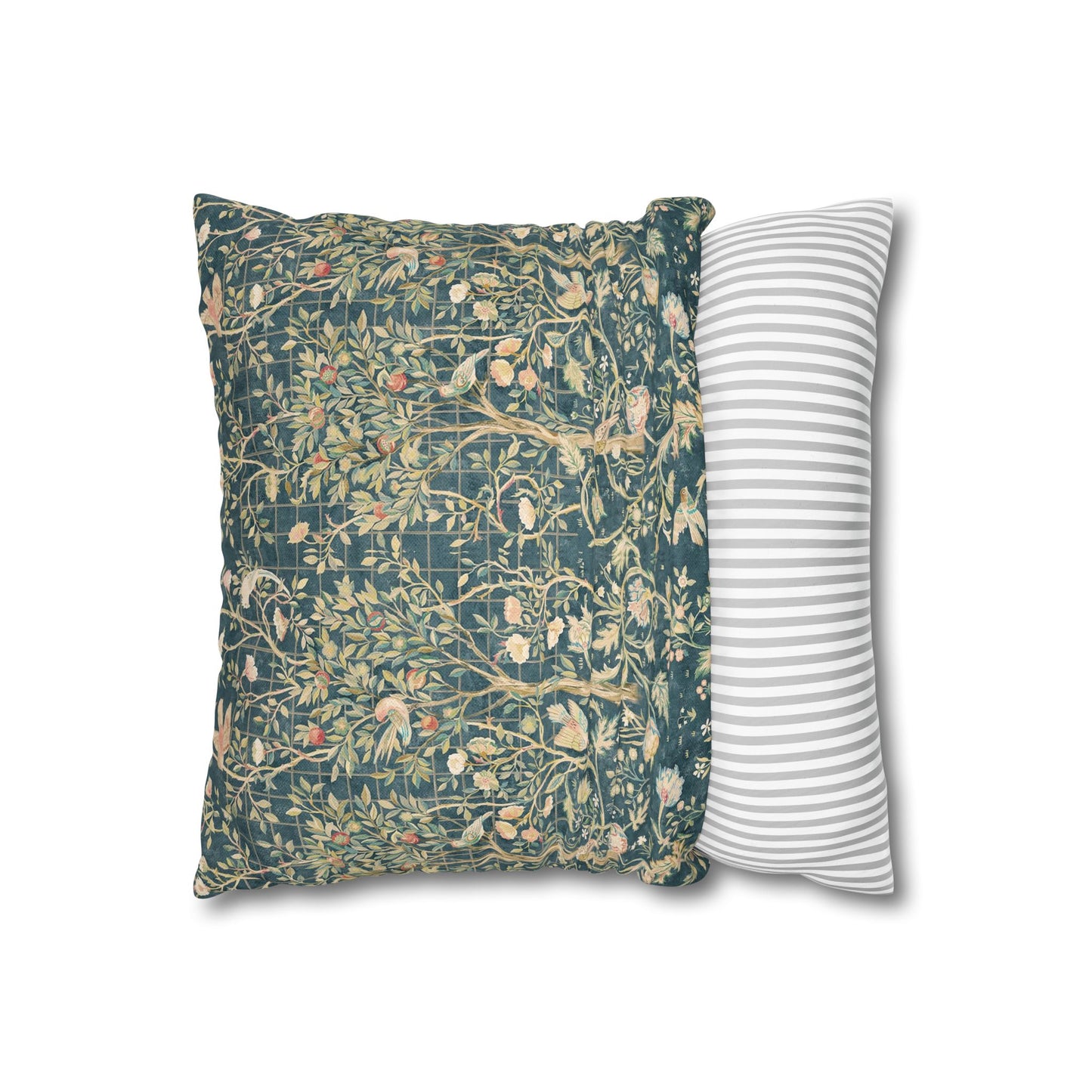Two pillows, one with a floral pattern and the other with a striped pattern, on a white background.