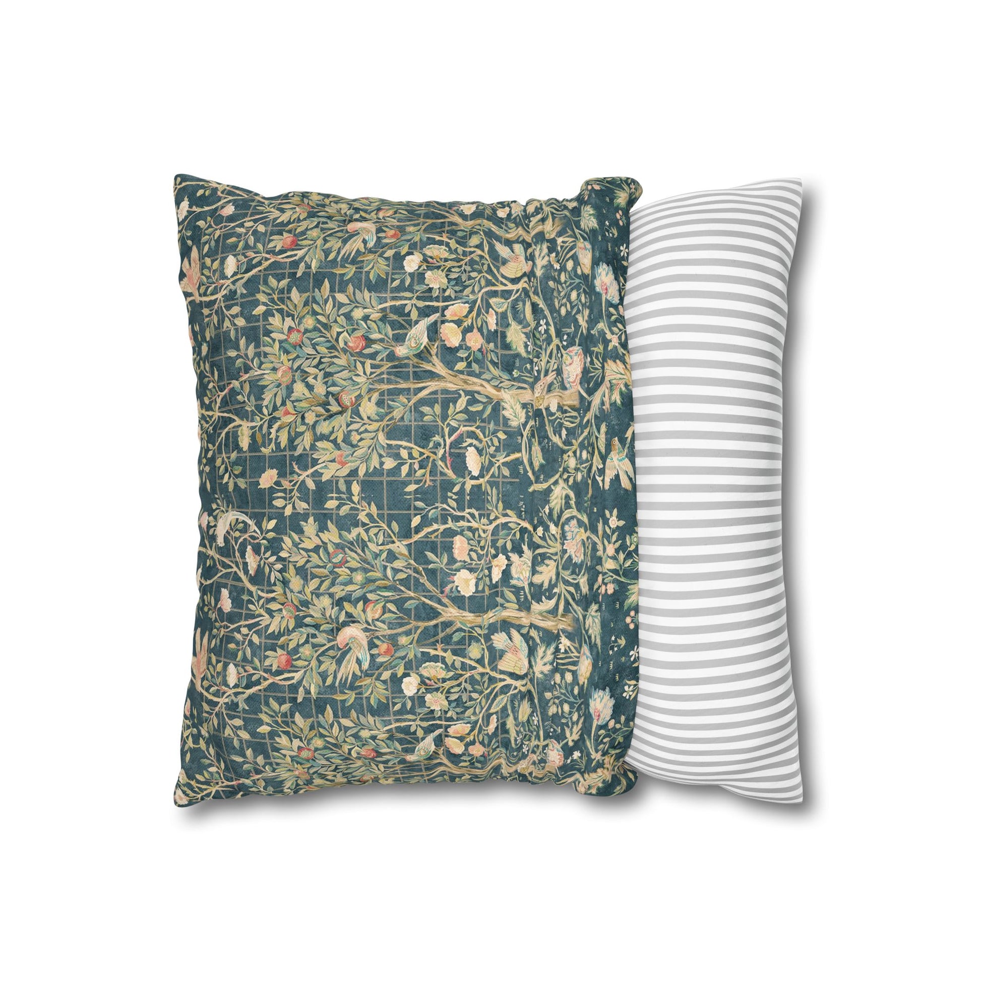 Two pillows, one with a floral pattern and the other with a striped pattern, on a white background.