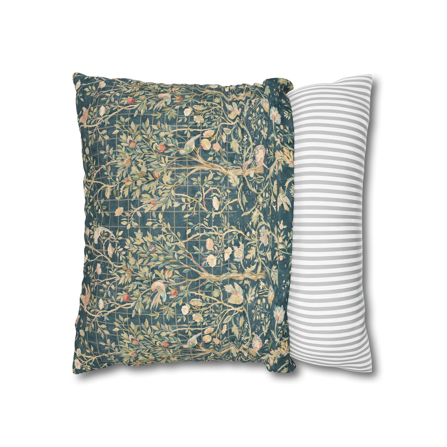 Two pillows, one with a floral pattern and the other with a striped pattern, on a white background.