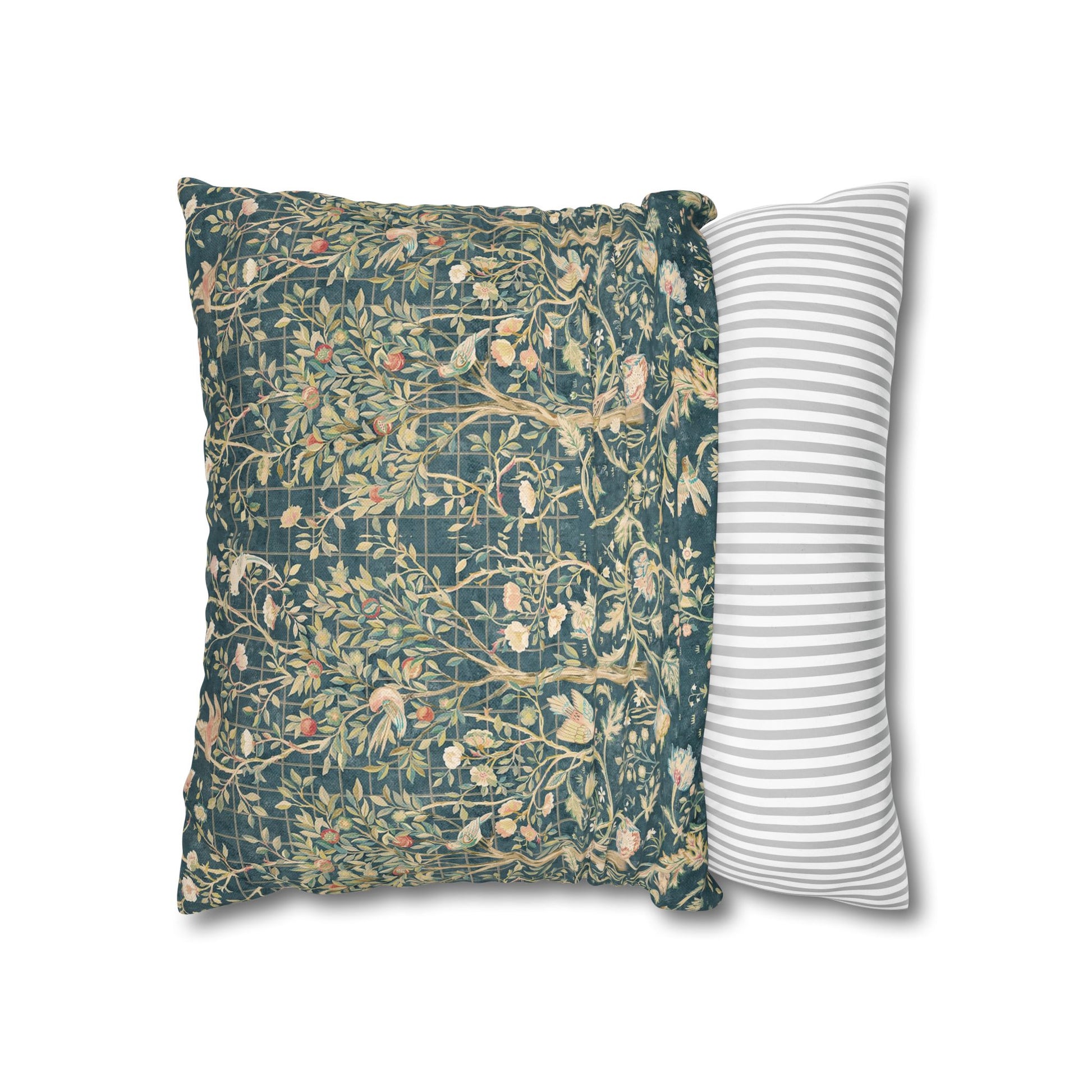 Two pillows, one with a floral pattern and the other with a striped pattern, on a white background.