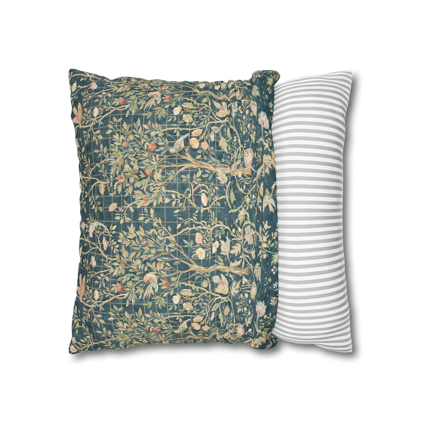Two pillows, one with a floral pattern and the other with a striped pattern, on a white background.