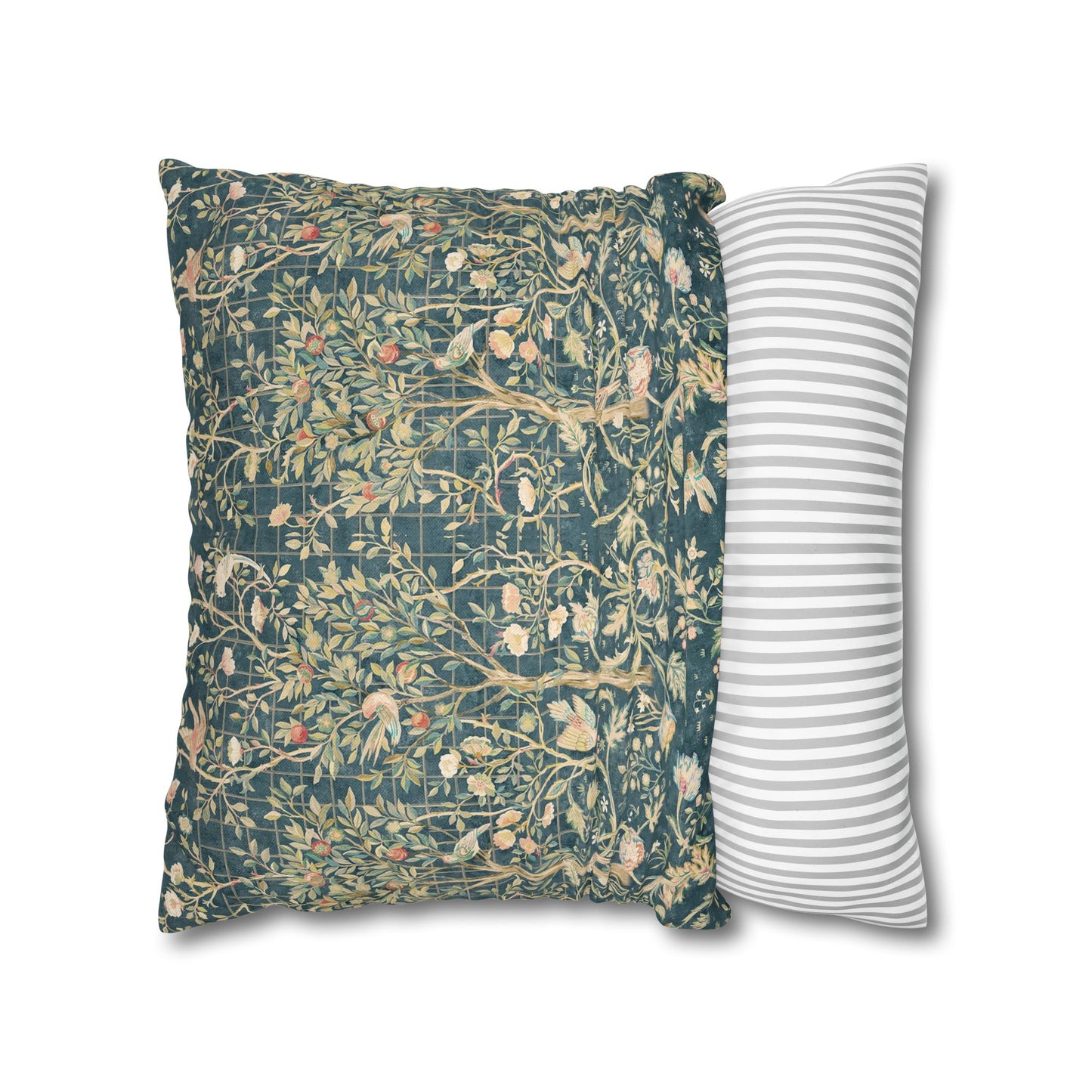 Two pillows, one with floral pattern and one with stripes, on a white background