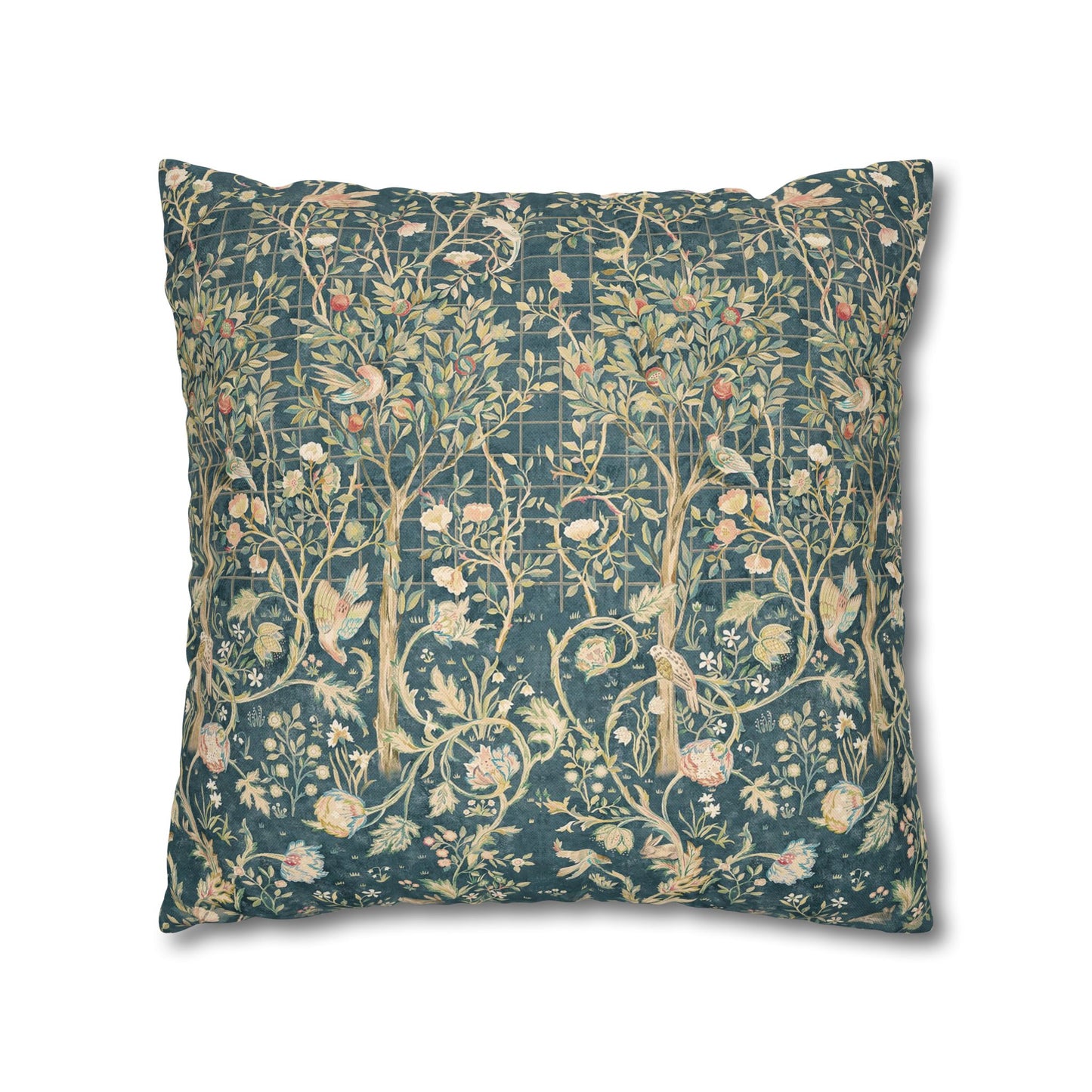 Decorative pillow with floral and tree pattern on a blue background