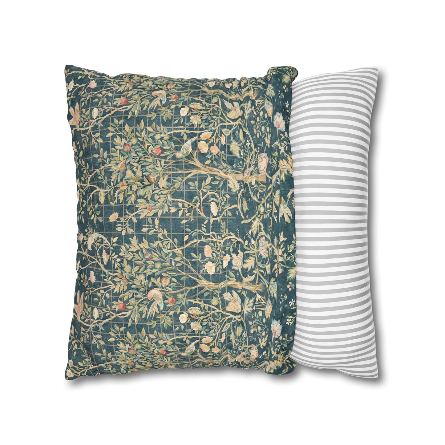 Two pillows, one with floral pattern and one with stripes, on a white background