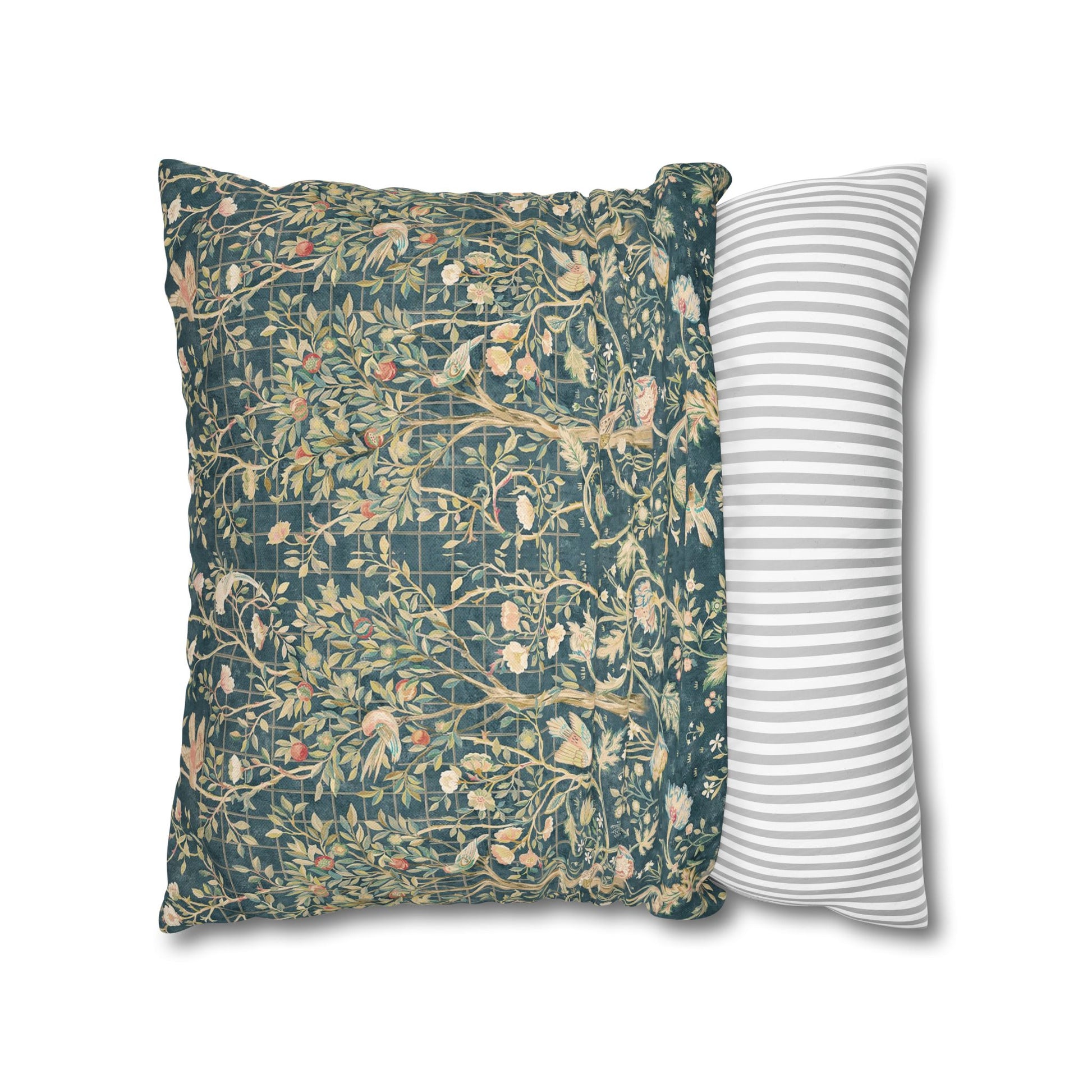 Two pillows, one with floral pattern and one with stripes, on a white background