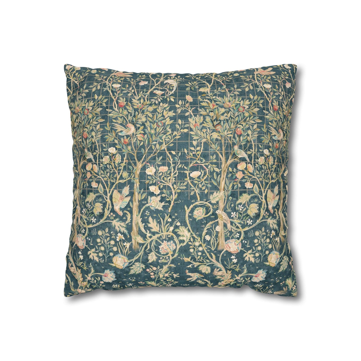 Decorative pillow with floral and bird pattern on a white background