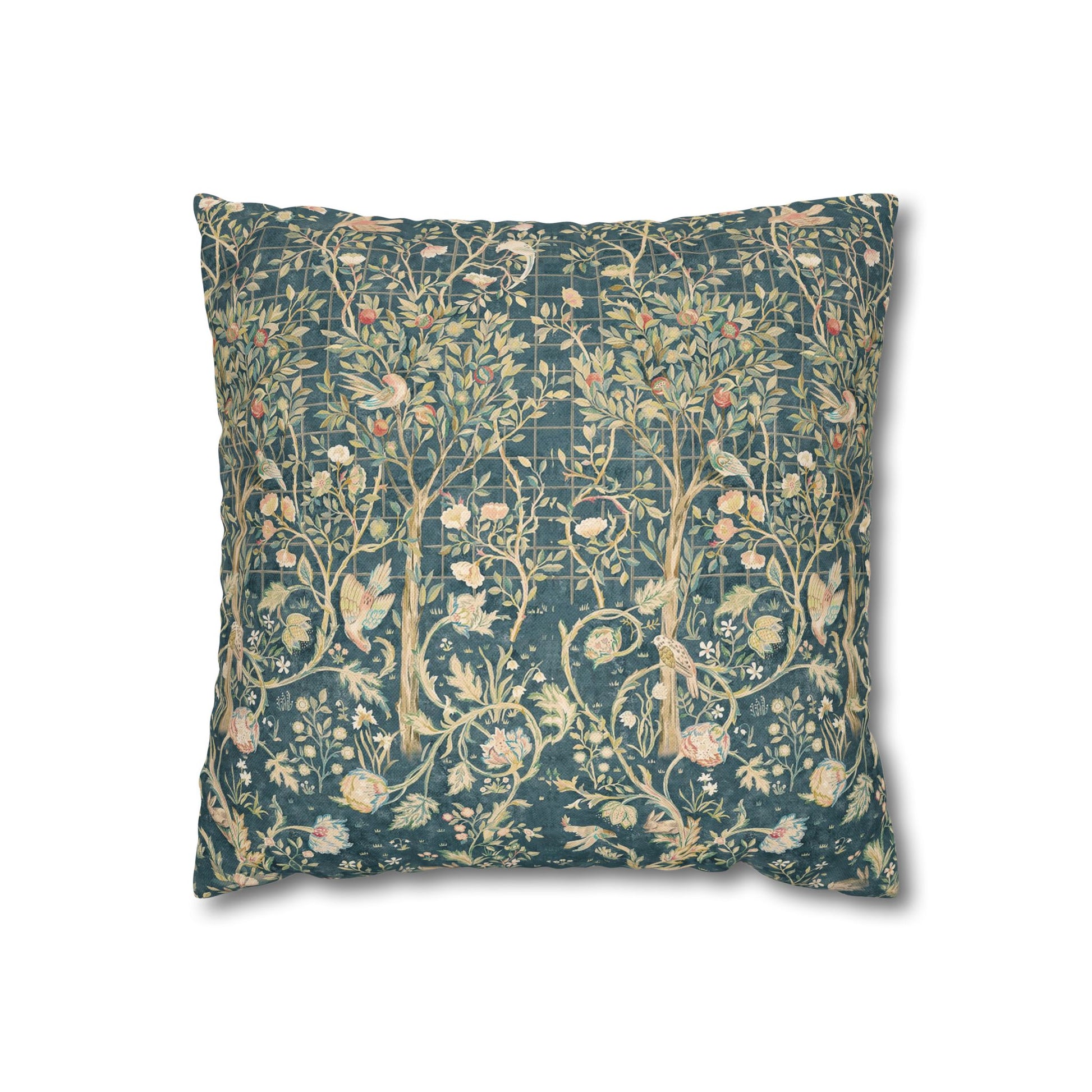 Decorative pillow with floral and bird pattern on a white background