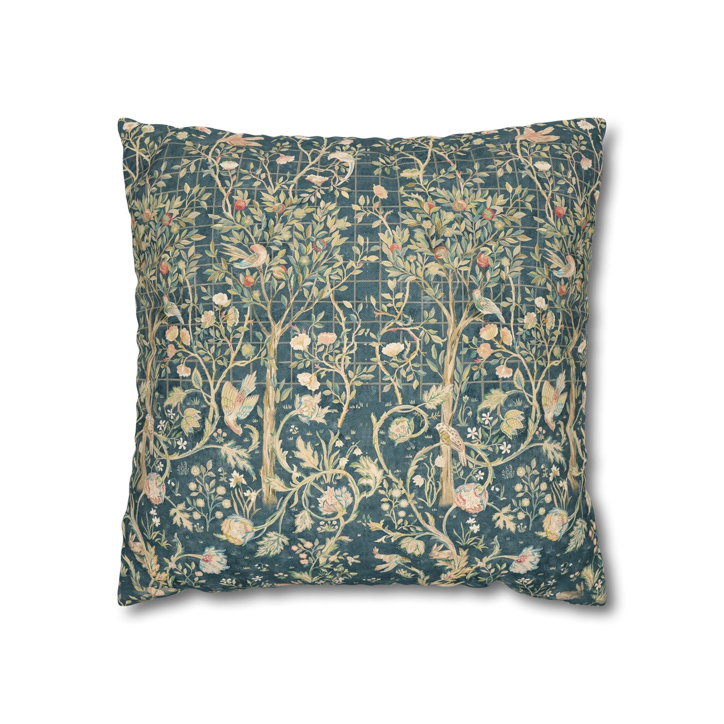 Decorative pillow with floral and tree pattern on a white background