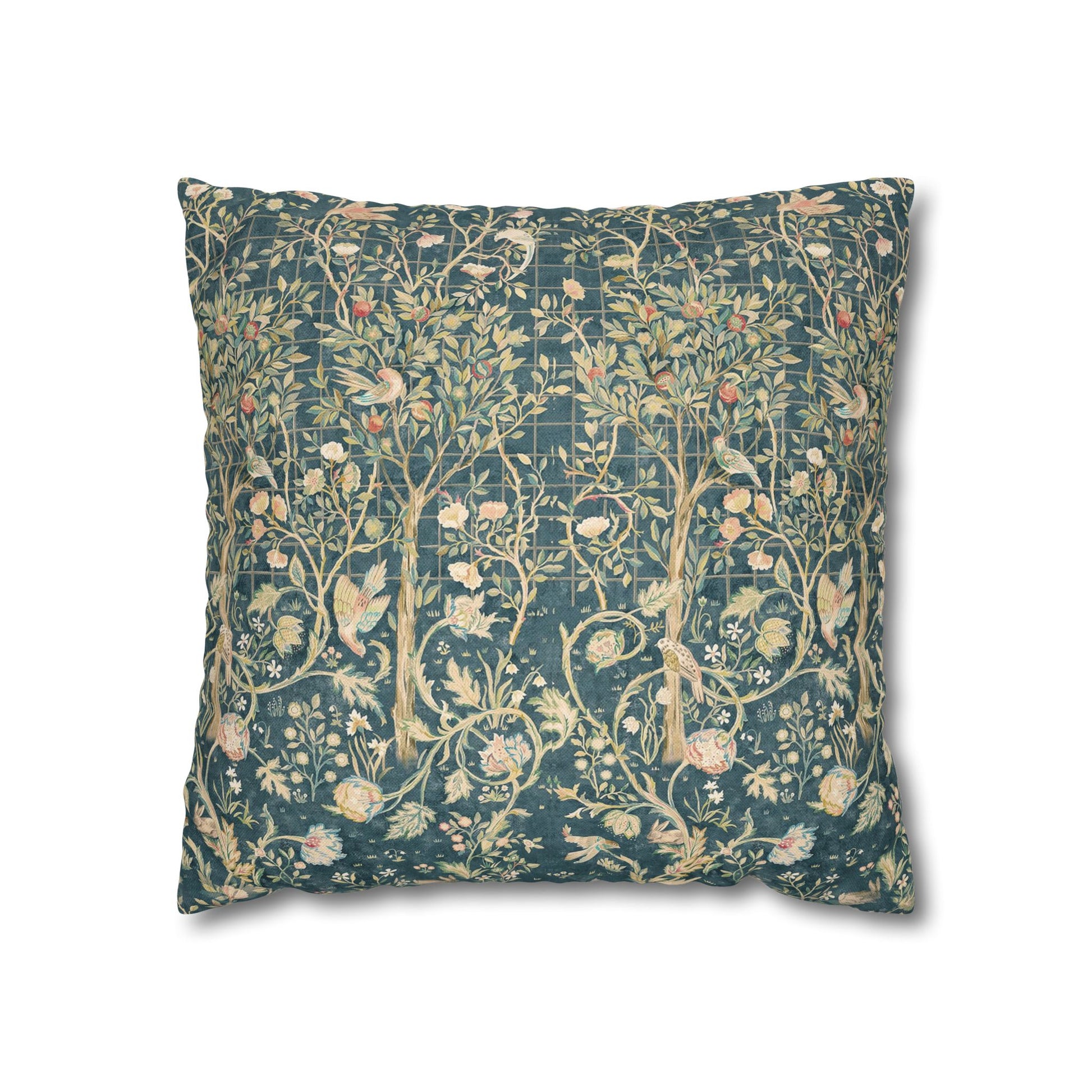 Decorative pillow with floral and tree pattern on a white background