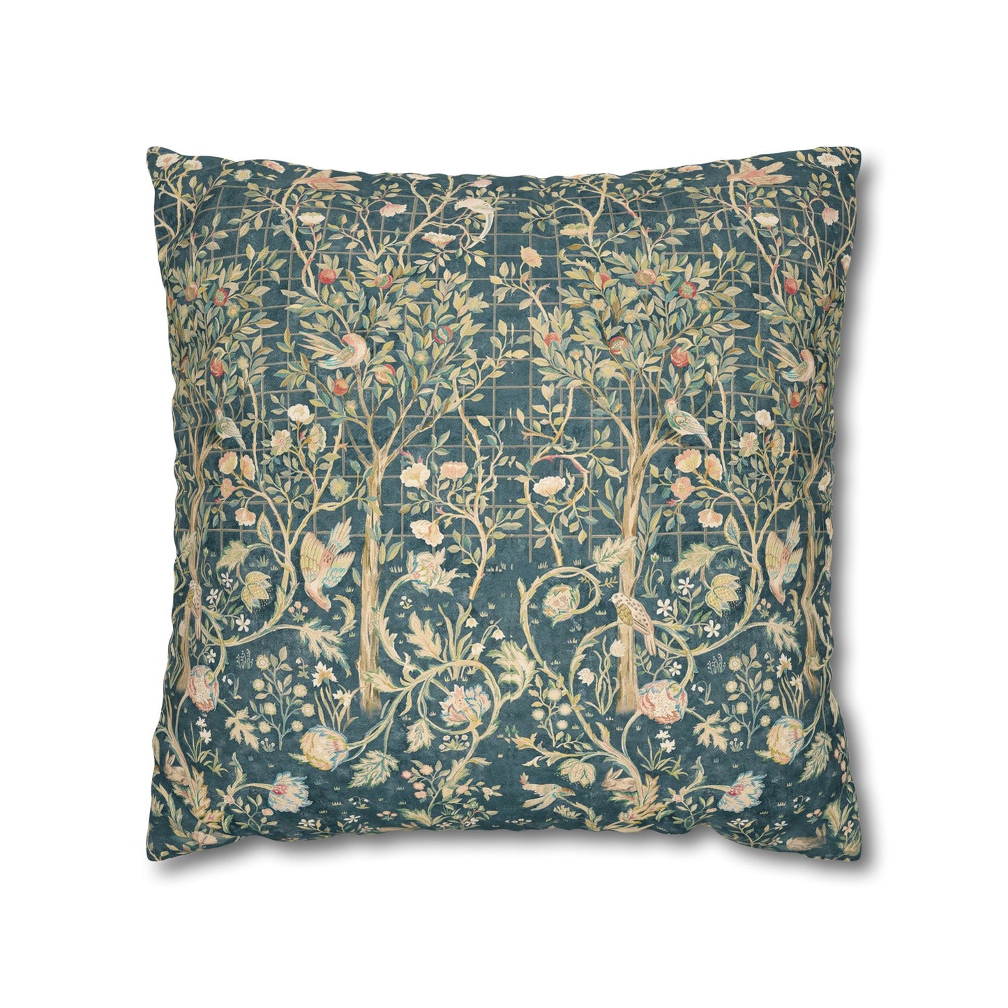 Decorative pillow with floral and bird pattern on a white background