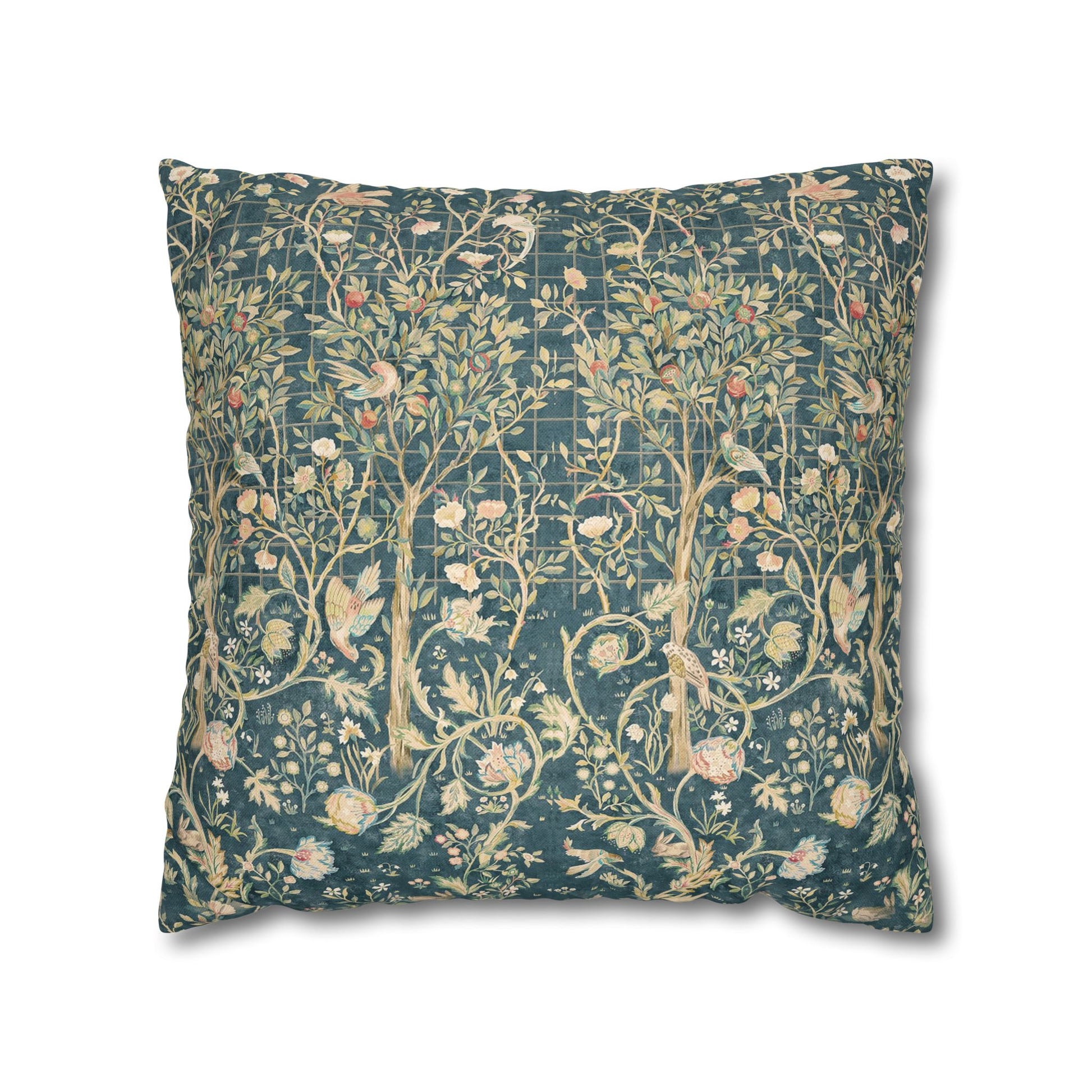 Decorative pillow with floral and bird pattern on a white background