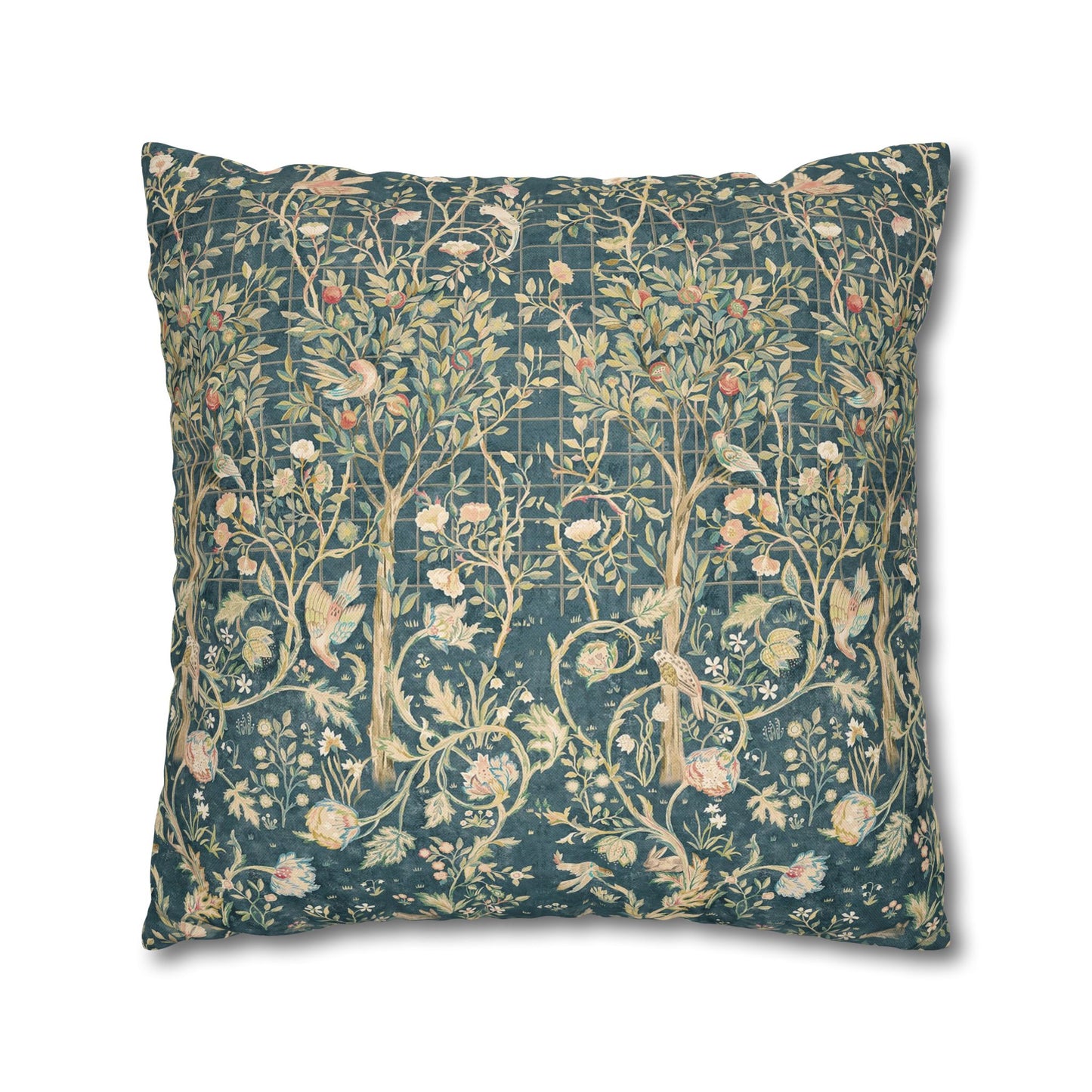 Decorative pillow with floral and bird pattern on a white background