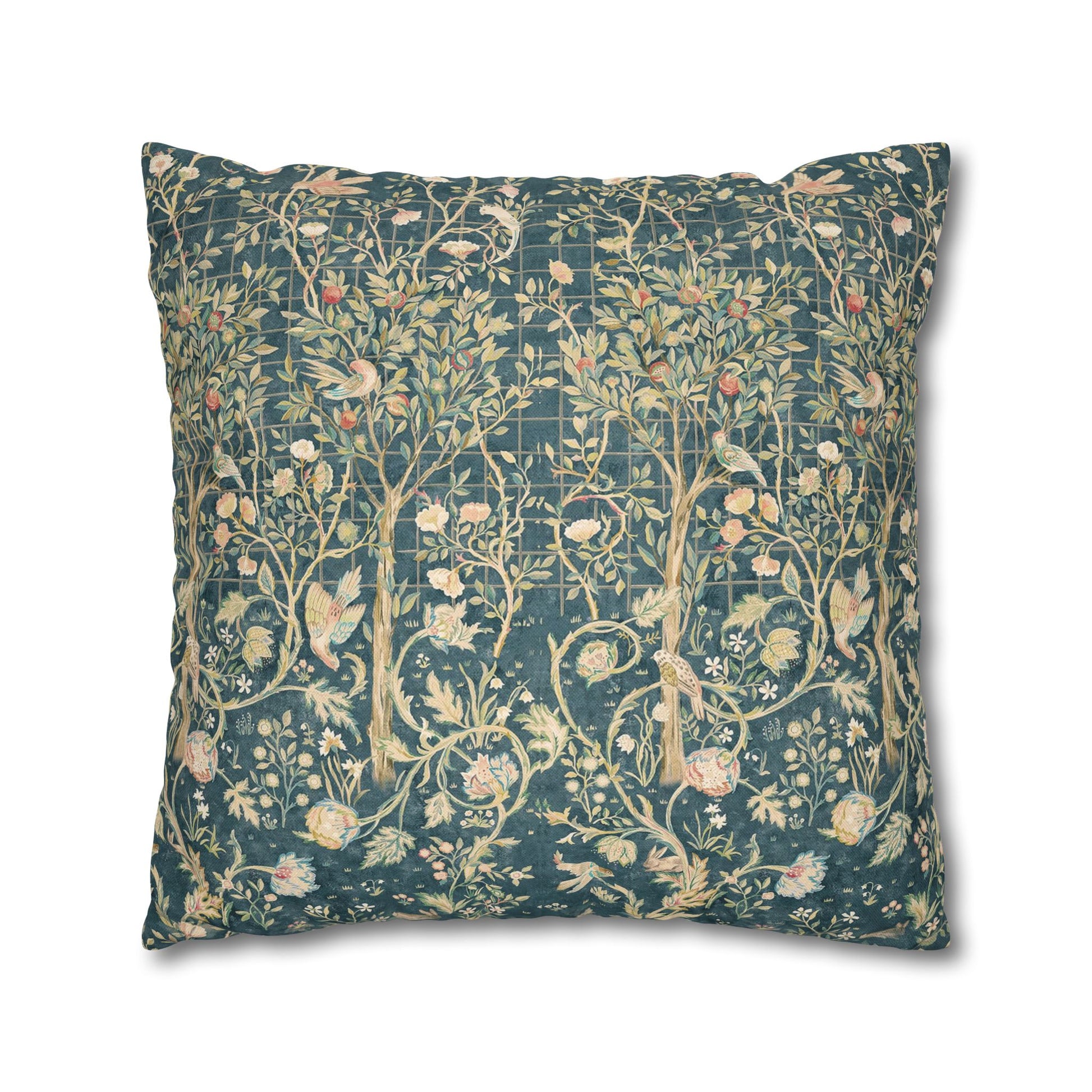 Decorative pillow with floral and bird pattern on a white background