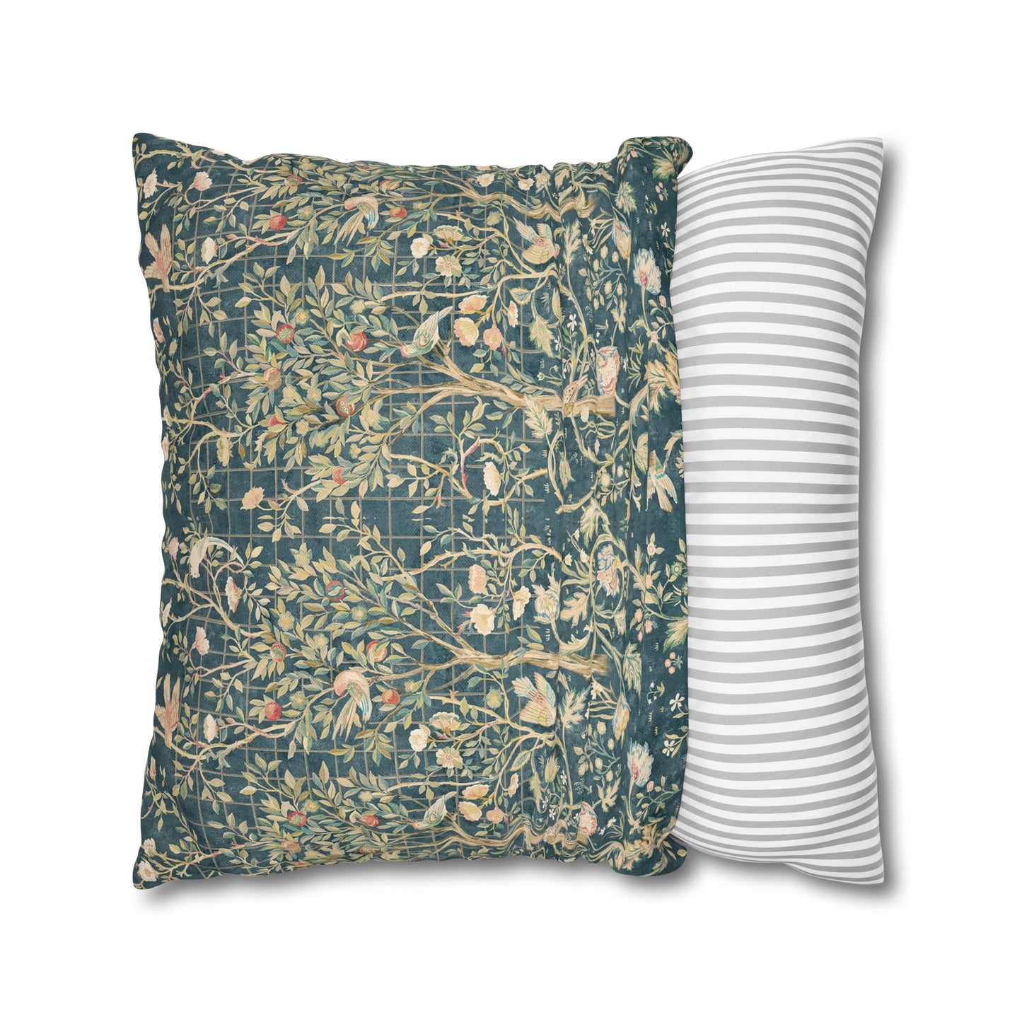 Two pillows, one with floral pattern and one with stripes, on a white background