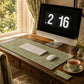 A styled home office desk setup featuring a large sage green damask desk mat with a keyboard and mouse, alongside a matching floral-patterned smartphone case, cup of tea, and a computer monitor on a wooden desk.