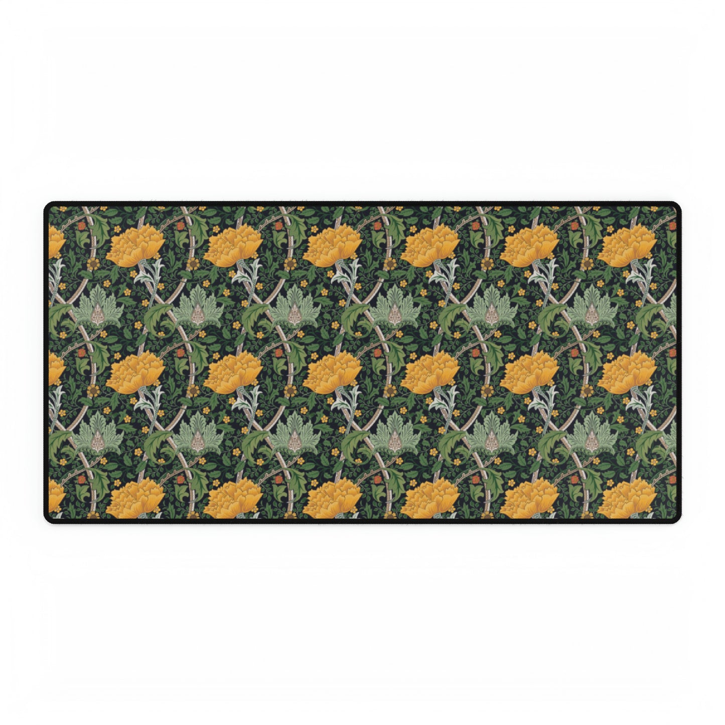A desk mat with a floral pattern, inspired by William Morris - Chrysanthemum Collection, placed under a desk with a keyboard and mouse on top.