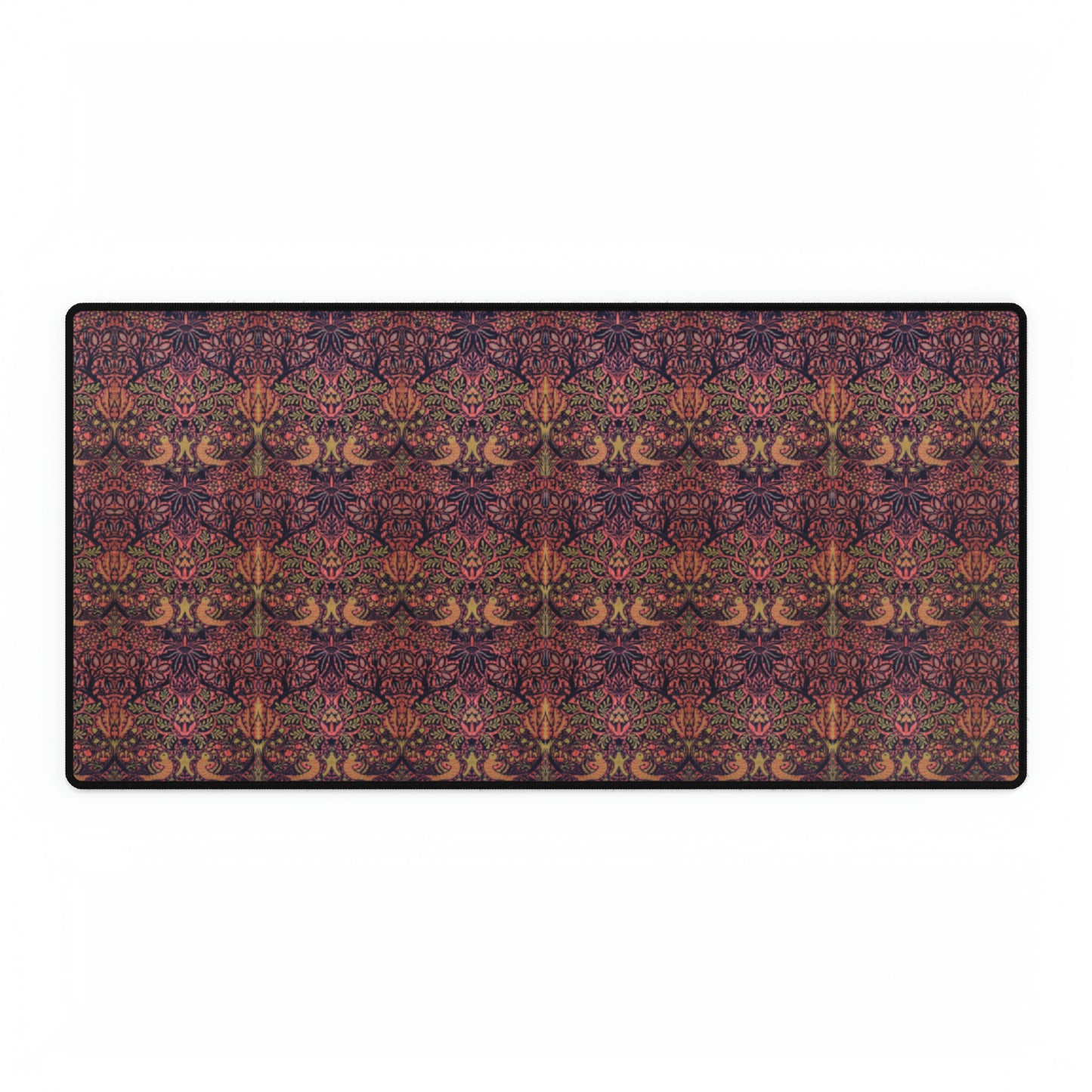 A large desk mat with a floral pattern, displayed on a desk with a keyboard and mouse, with a decorative border.