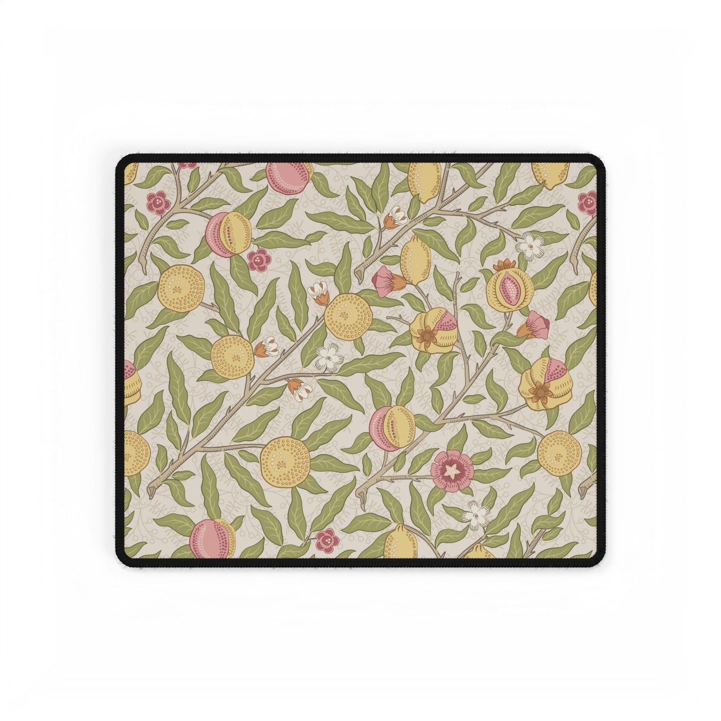 Floral patterned mouse pad with peach and leaf design on a beige background
