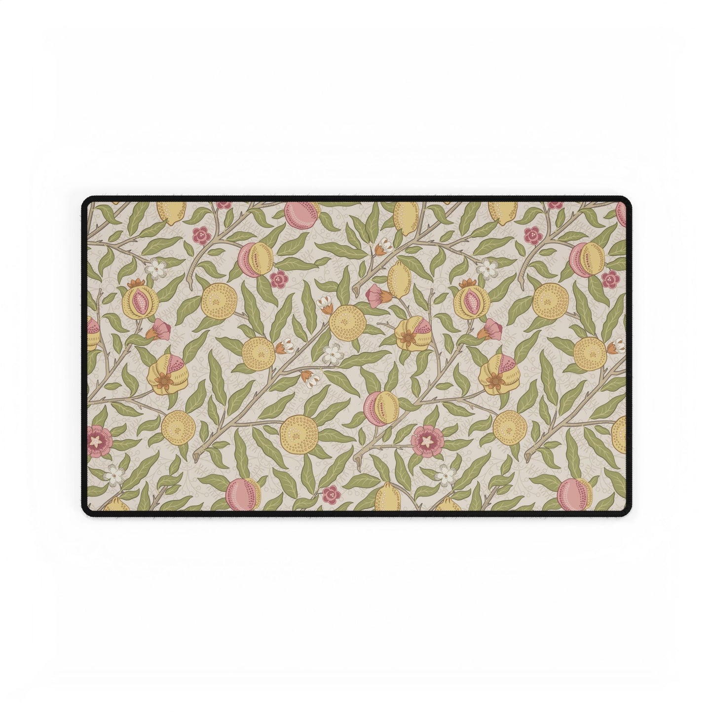 Floral patterned rug with yellow flowers and green leaves on a beige background
