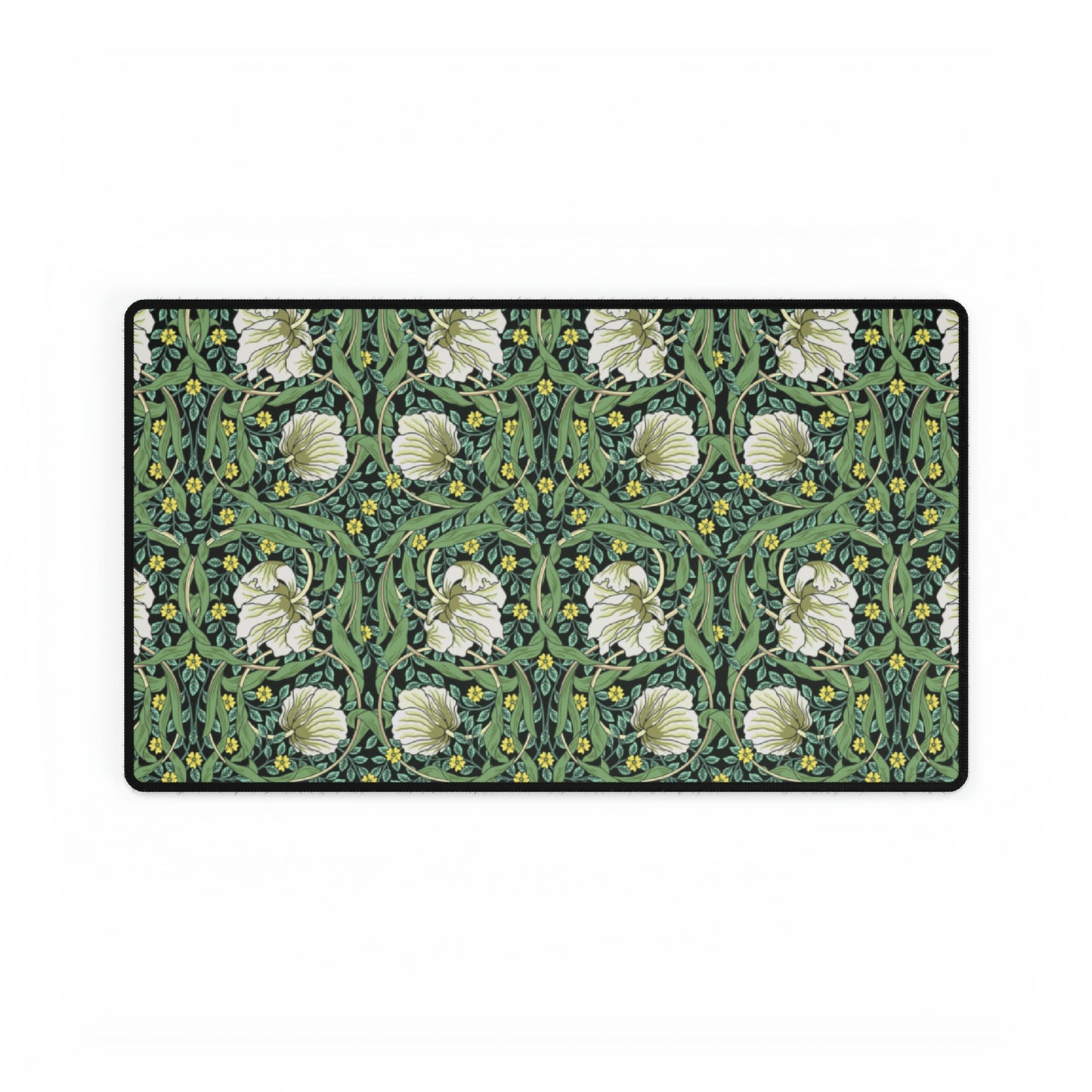 A rectangular desk mat with a green floral pattern, featuring a mouse pad on top. The desk mat is placed under a whiteboard with a digital display and a keyboard.