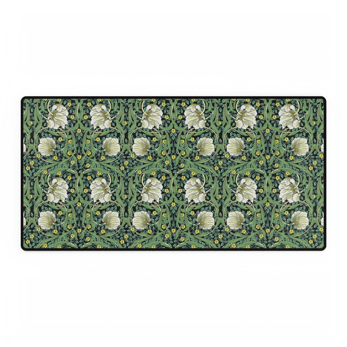 A rectangular desk mat with a green floral pattern, featuring a mouse pad on top. The desk mat is placed under a whiteboard with a digital display and a keyboard.