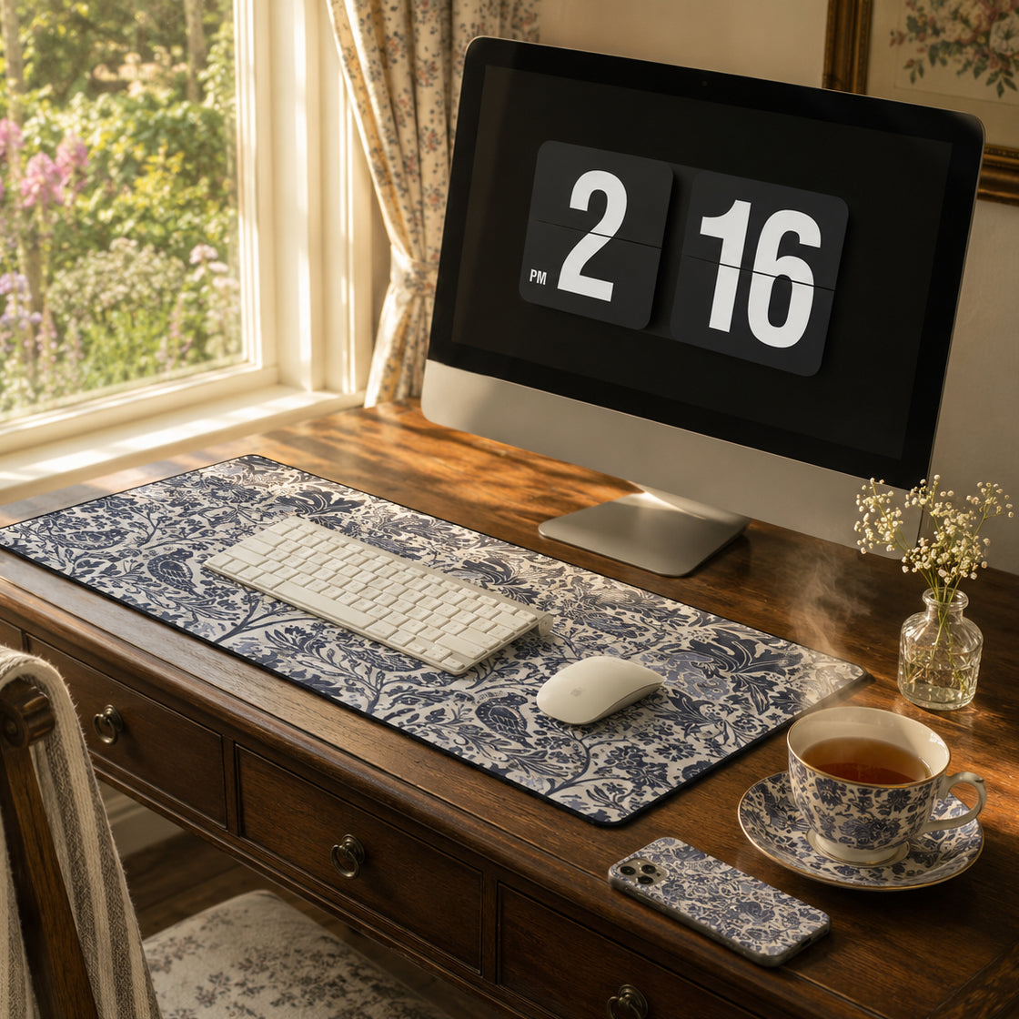 Wooden desk with computer, keyboard, mouse, and tea set near a window.